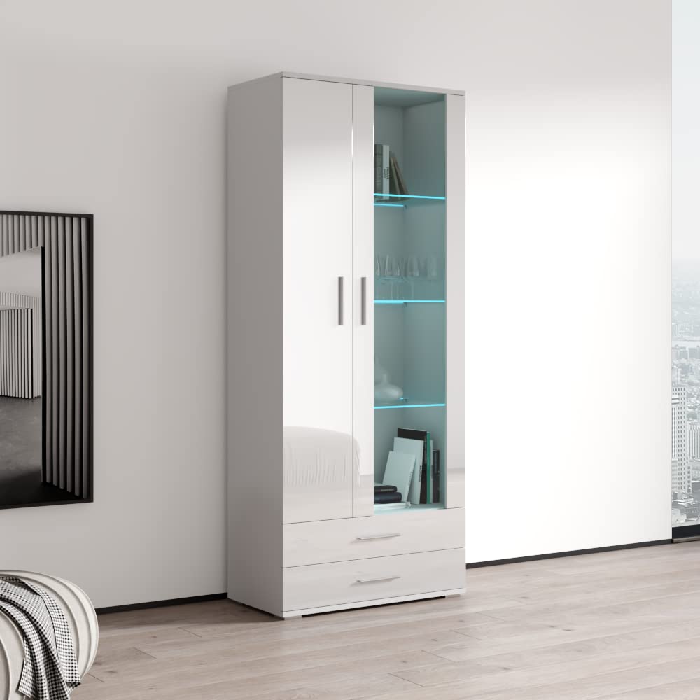 Modern Soho S6 2D2S Freestanding Bookcase - Customizable LED Light Wooden Bookshelf with Mirror Cabinet - White - Perfect for Living Room, Office & Bedroom Storage