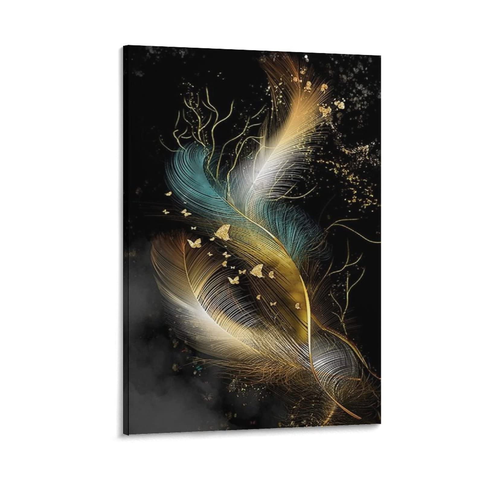 Golden Feather Canvas Art Print - 24x36 Inch (60x90cm) Wall Decor Poster for Bedroom, Living Room, Office | Modern Home Decor & Gift Idea