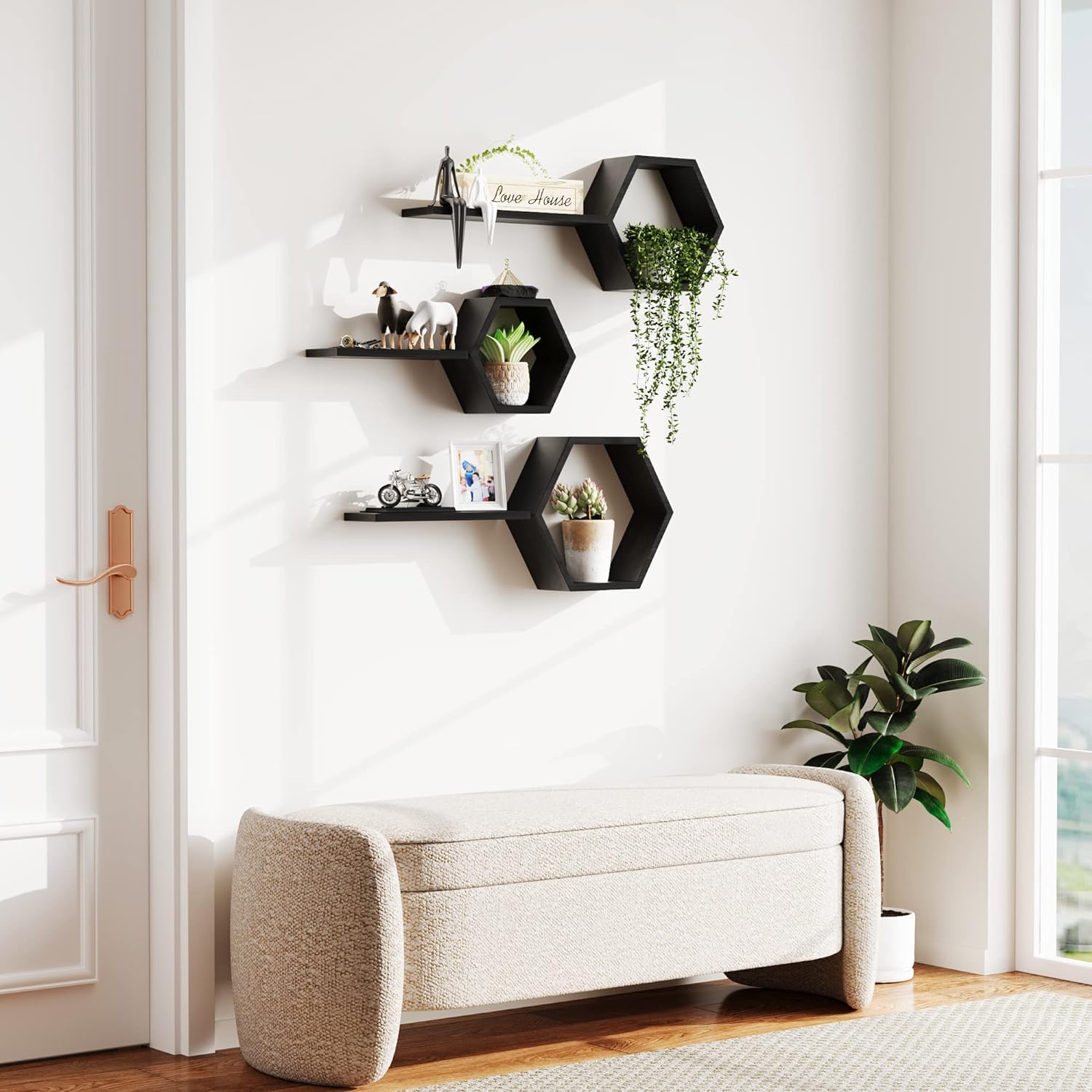 Hexagon Wall Shelves Set of 6 - Floating Wooden Wall Mounted Shelves for Photos, Plants & Decor | Rustic Honeycomb Shelves for Living Room, Bedroom, Bathroom, Kitchen & Office | Black Home Decor Shelving | Perfect for Gallery Walls, Bathroom Storage & Small Space Organization