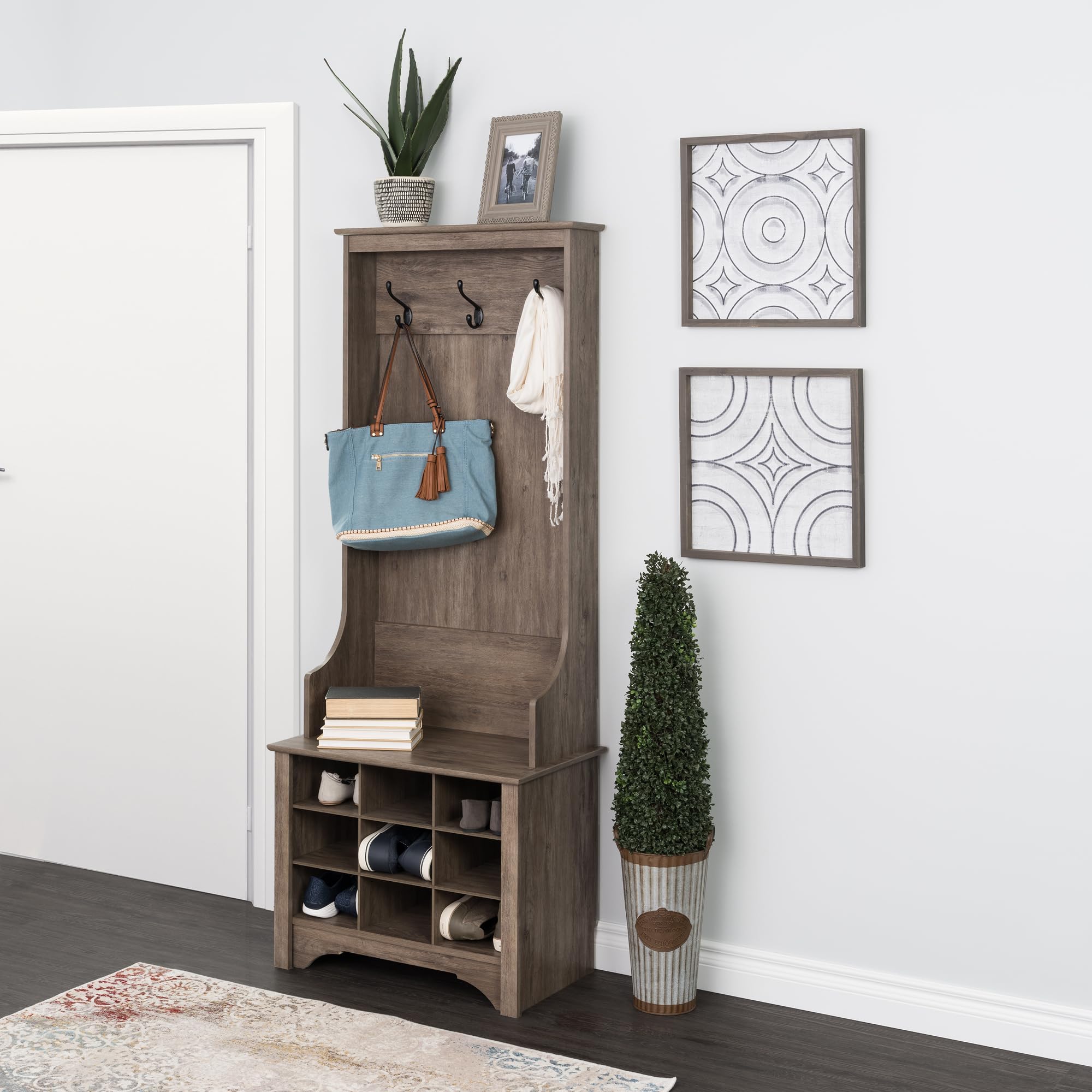 Prepac Gray Hall Tree Entryway Organizer - 9 Shoe Storage Cabinet with 3 Double Coat Hooks, 15.5