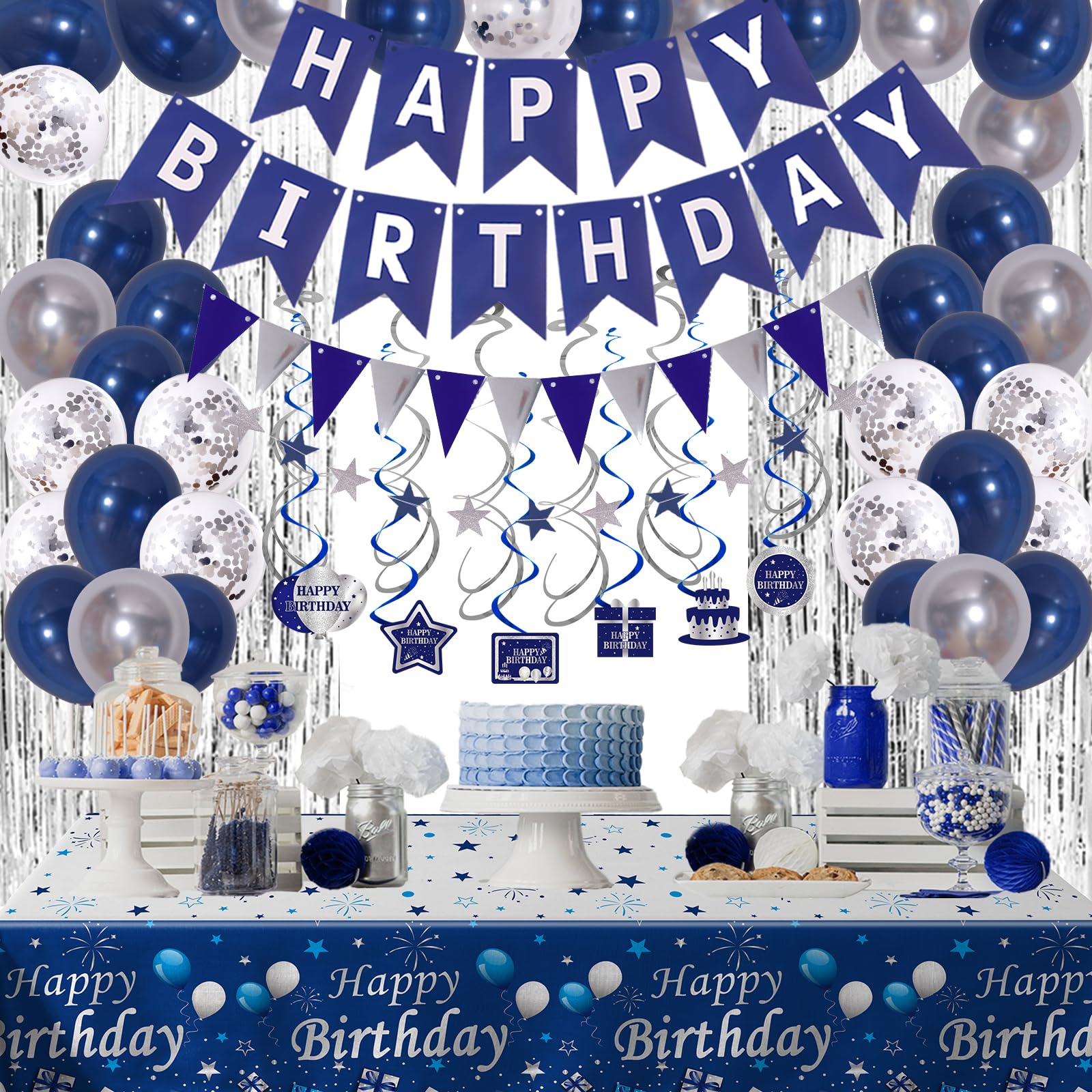 Blue Birthday Party Decorations for Men & Women - Bunting Banner, Fringe Curtains, Hanging Swirls & Tablecloth Set | Perfect for Adult Birthday Celebrations, Office Parties & Gender Reveal Events