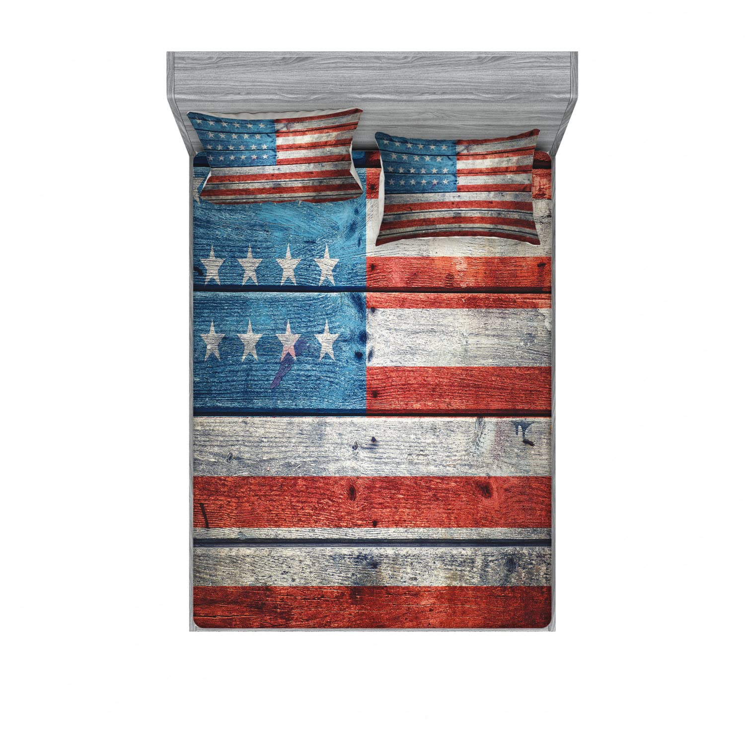 Ambesonne Antique 2-Pack King Size Fitted Sheet & Pillow Sham Set - Patriotic July 4th Bedding Decor (Blue, Red, White) - Includes 2 Fitted Sheets & 4 Pillow Covers - Perfect for Independence Day, Memorial Day & American-Themed Bedroom Decor