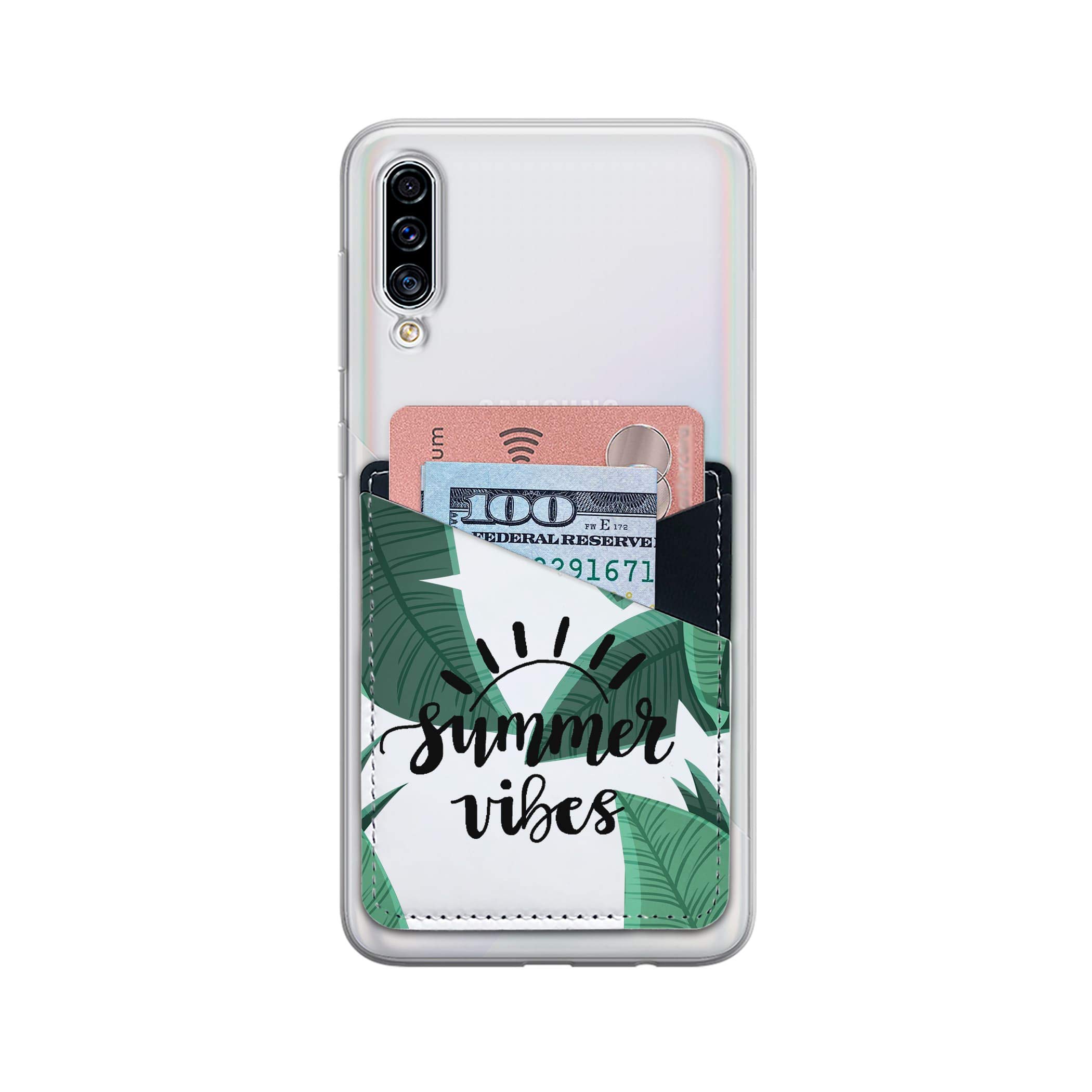 Stick-On Phone Card Holder - PU Leather Slim Wallet for ID & Credit Cards - Tropical Leaves Design - Perfect for Travel, Work & Everyday Use