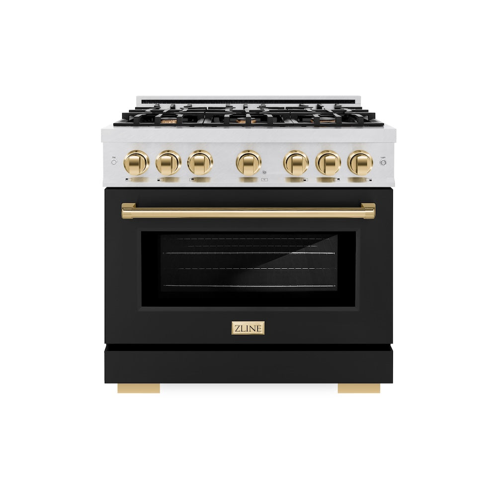 ZLINE Autograph Edition 36 Inch 5.2 Cu Ft Gas Range with 6 Burner Cooktop & Convection Oven - Satin Stainless Steel with Black Matte Door & Gold Accents (HGRSZ BLM 36 G) - Perfect for Modern Kitchens, Home Chefs & Professional Style Cooking