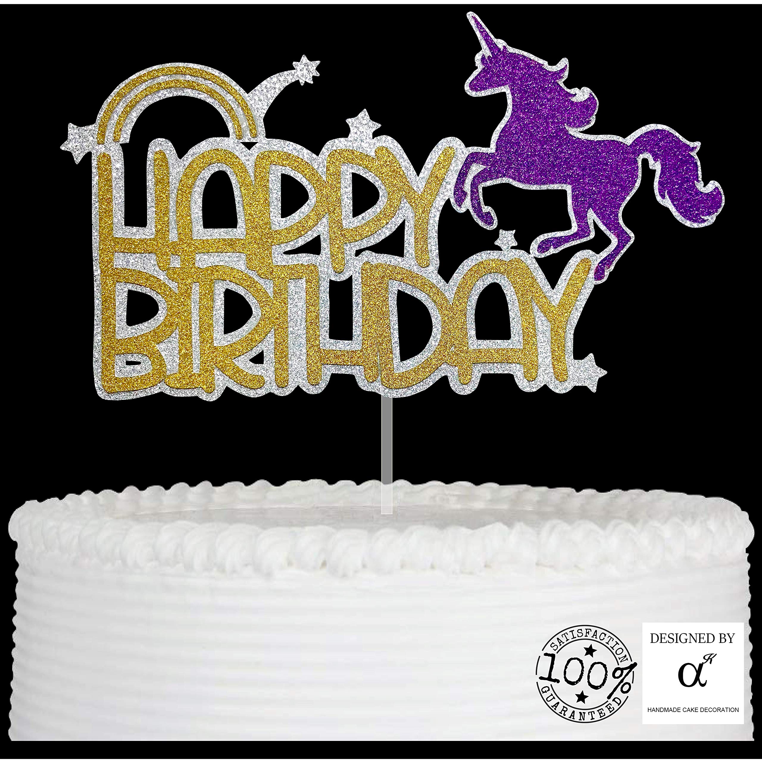 Handmade Glitter Unicorn Birthday Cake Topper - Premium Food Safe Acrylic Stick Decoration for Party Cakes, Baby Showers & Wedding Celebrations