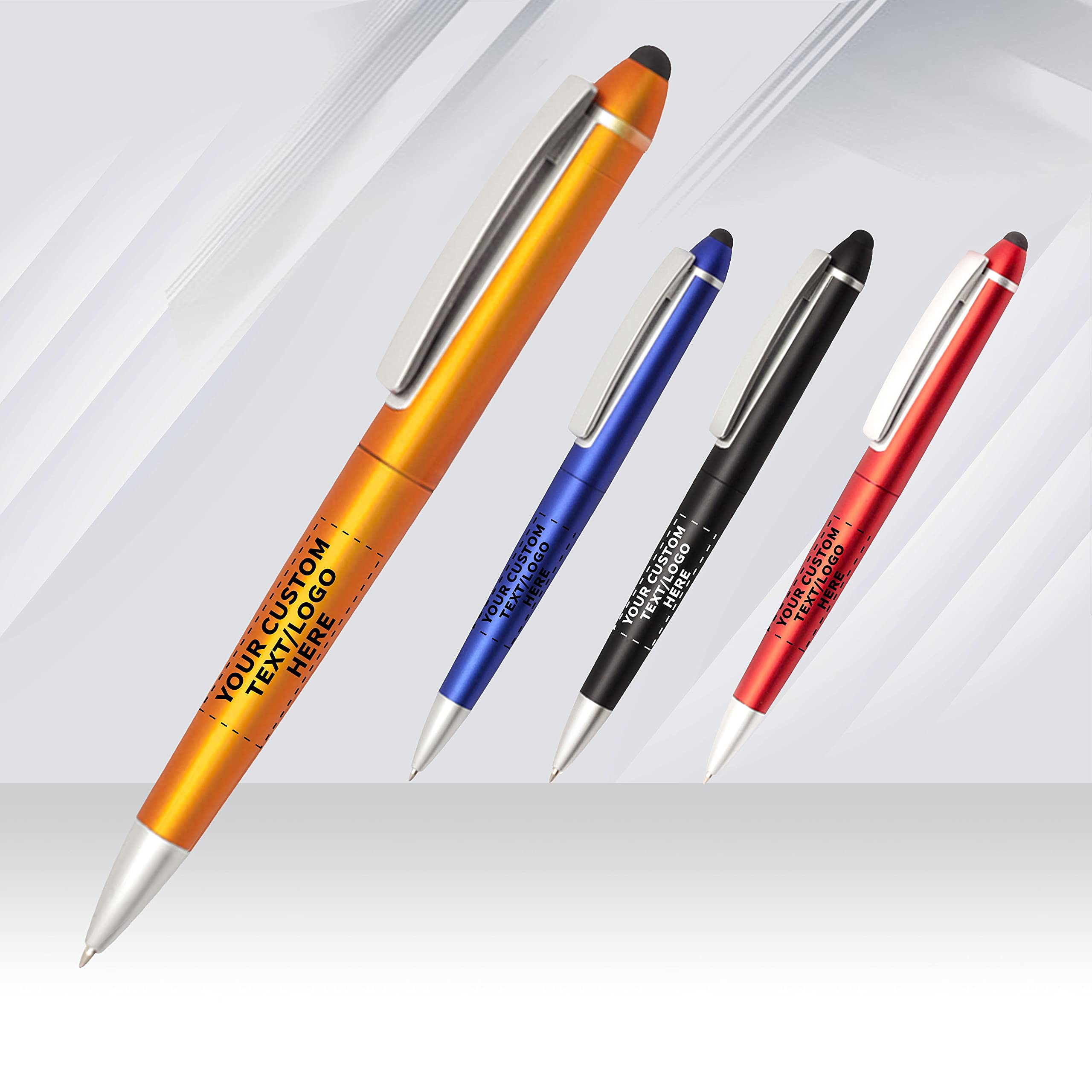 100 Pack Gillette Twist Action Plastic Stylus Pens - Custom Text & Logo Printing - Black Ink Orange Barrel - Bulk Office Supplies for Business Promotions, Trade Shows & Corporate Gifts