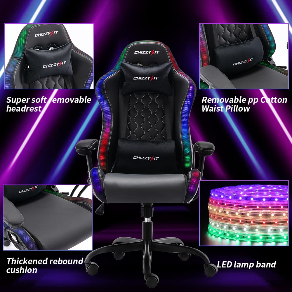RGB LED Gaming Chair for Kids Ages 8-14 - Adjustable Lumbar Support & Headrest - Ergonomic PU Leather Video Game Chair for Teens - Perfect for Bedroom Gaming Setup & Esports Tournaments