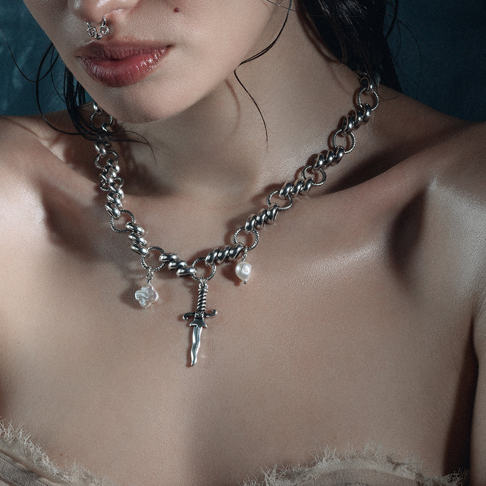 FORTUNE Dagger & Pearl Charm Necklace - Sterling Silver Jewelry for Women, Elegant Layering Necklace for Date Night & Special Occasions