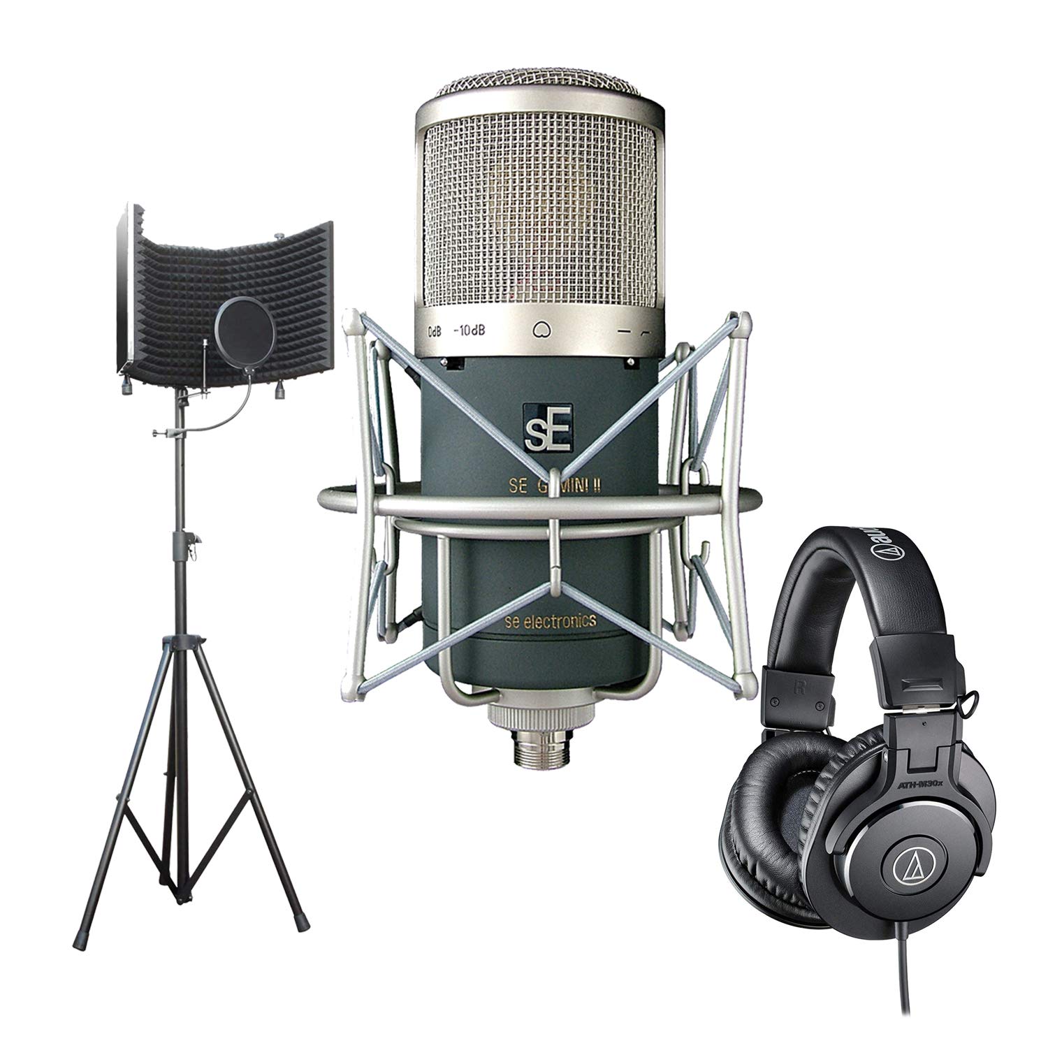 SE Electronics Gemini II Professional Large-Diaphragm Condenser Microphone with AxcessAbles SF-101KIT Recording Studio Kit & ATH-M30X Headphones Bundle - Perfect for Home Studios, Podcasting & Music Recording
