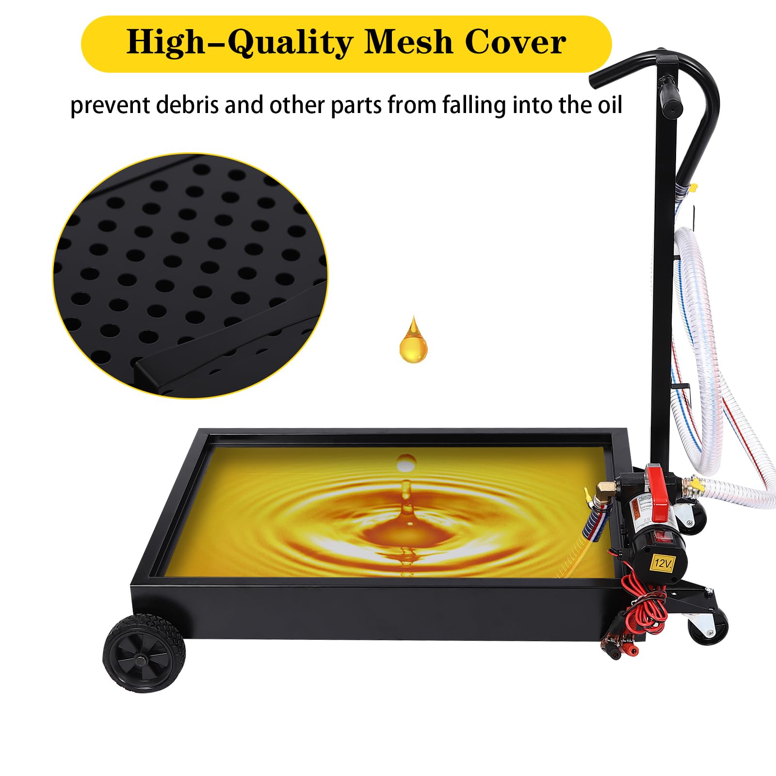15 Gallon Low Profile Oil Drain Pan with Electric Pump - Large Capacity Oil Change Pan for Trucks & RVs | 8.2ft Hose, Rotatable Handle & Swivel Caster Wheels | Rolling Drain Cart for Easy Garage Maintenance & DIY Auto Repairs