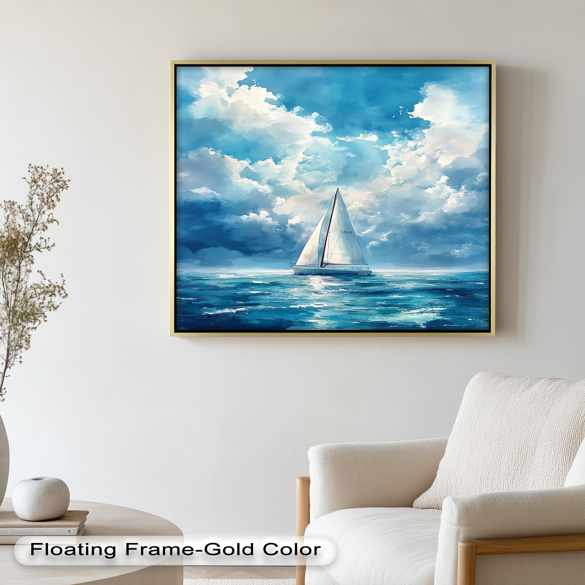 Blue Sky White Sailboat Oil Painting - Handmade Nautical Wall Art for Living Room, Bedroom & Office Decor
