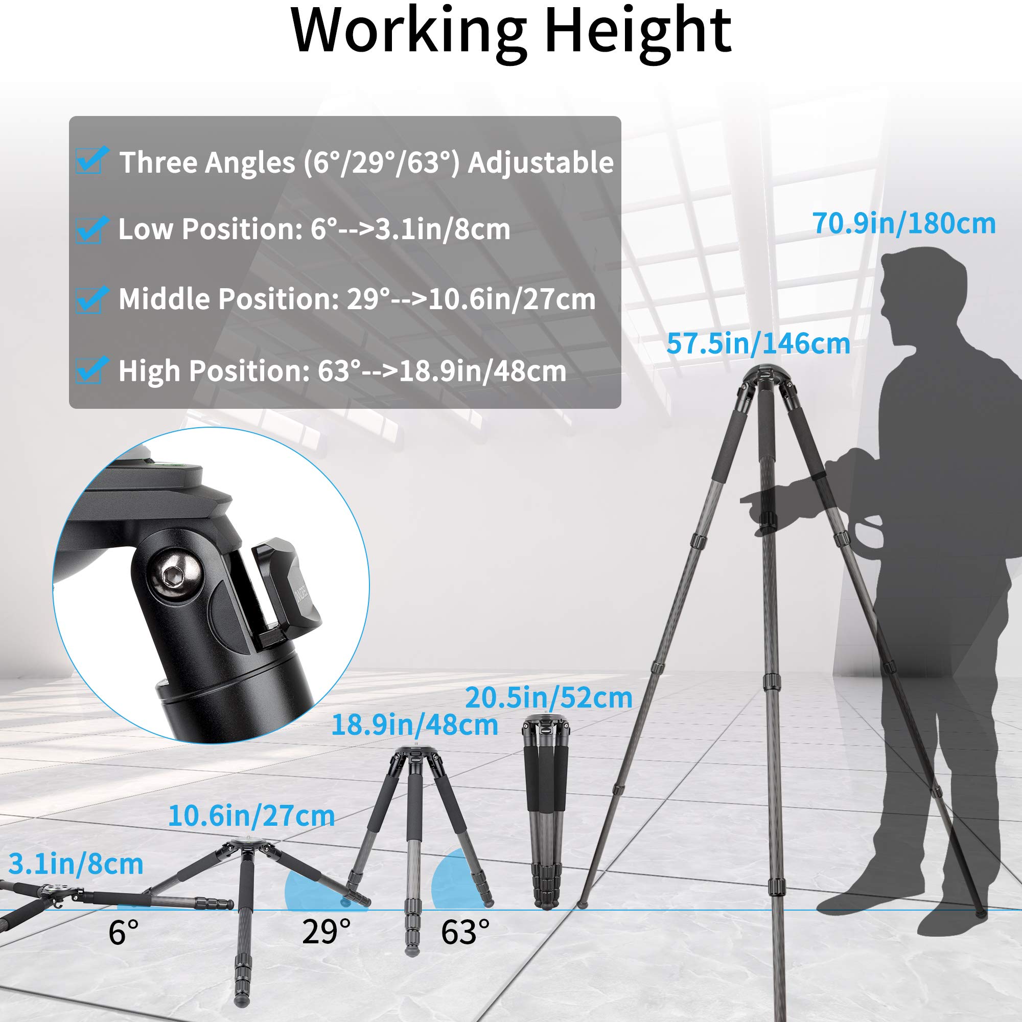 INNOREL LT324C Professional Carbon Fiber Tripod - Heavy Duty Portable Camera Stand for DSLR, Bird Photography, Max Load 66lbs/30kg, 57in/146cm Height - Perfect for Travel, Outdoor Shooting & Wildlife Photography (Black)