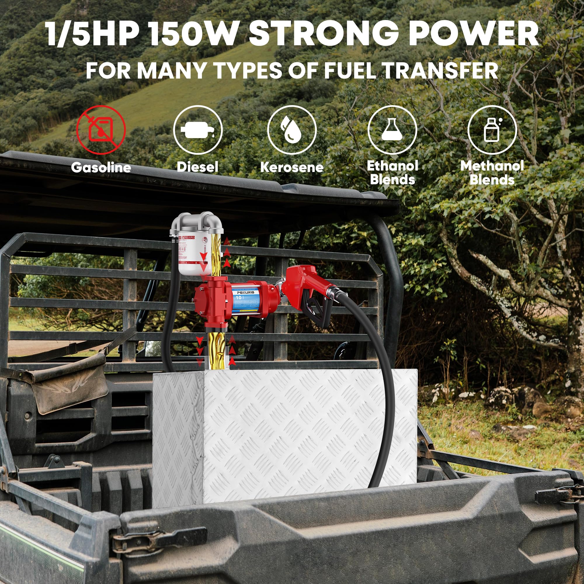 12V Heavy Duty Fuel Transfer Pump - 10GPM Gasoline/Diesel/Kerosene/Biodiesel Pump with Discharge Hose & Automatic Nozzle - Perfect for Farm Equipment, Marine Fuel Transfer & Emergency Fuel Supply