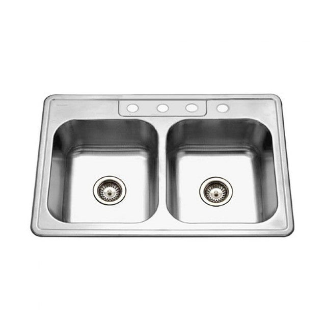 Houzer Glowtone Series 33 Stainless Steel Drop-in Topmount 50/50 Double Bowl Kitchen Sink with 8