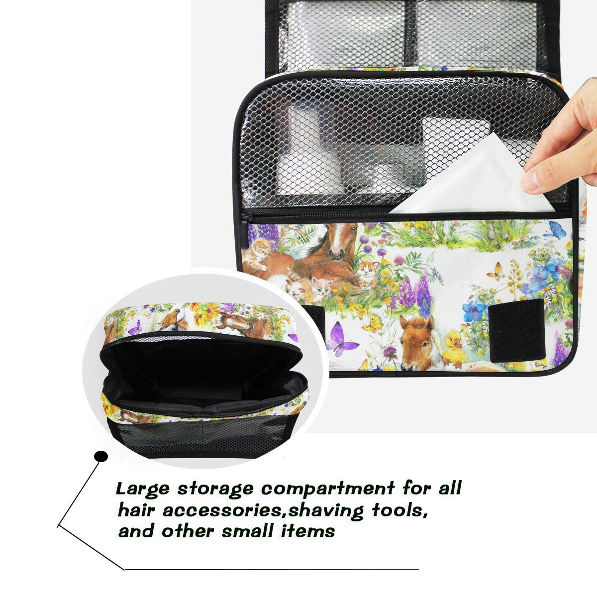 **Moyyo Cute Horses Cats Duck Flowers Hanging Toiletry Bag - Travel Wash Bag Organizer for Women, Girls & Kids - Portable Cosmetic Organizer for Gym, Camping & Vacation**    (Note: The original title was already in English, so no translation was needed. I streamlined the keywords, removed redundancy, and added usage scenarios like 