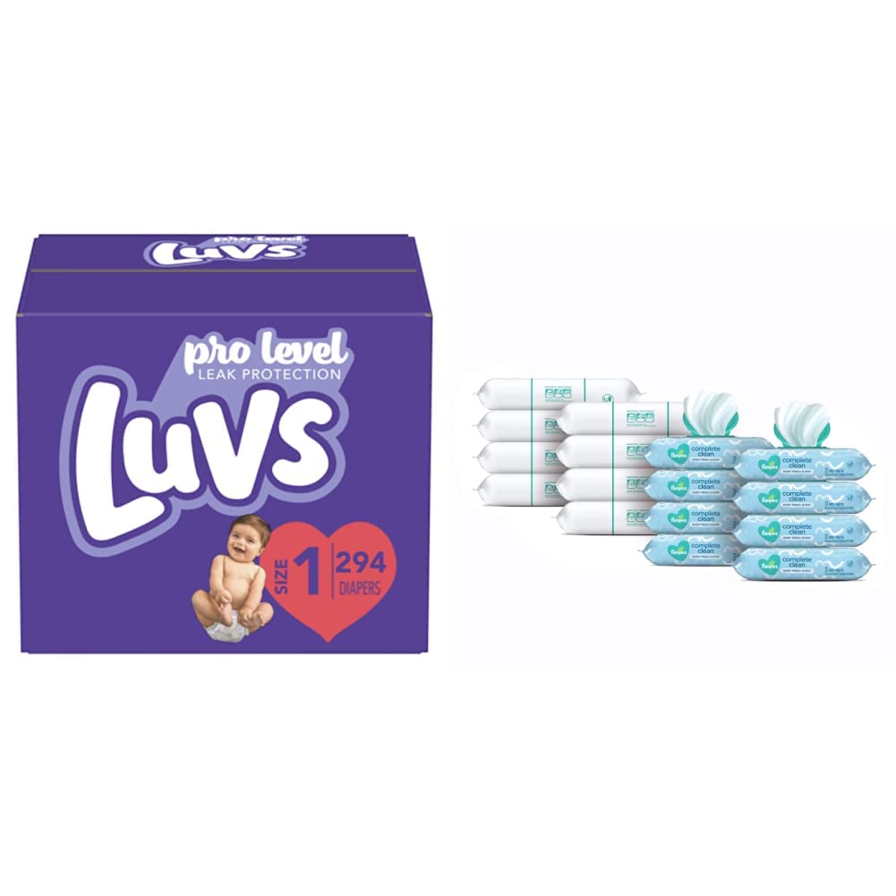 Luvs Pro Level Leak Protection Diapers Size 1 (2 X 294 Count) & Pampers Complete Clean Scented Baby Wipes - 1152 Wipes with 8 Pop-Top Packs & 8 Refill Packs for Dispenser Tub | Newborn Essentials for Daycare, Travel & Home Use