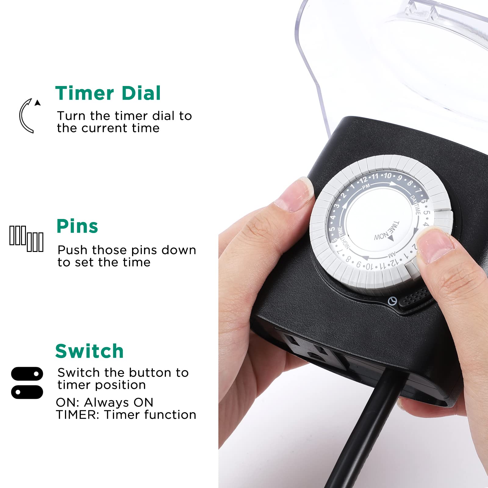G-Homa Outdoor Mechanical 24 Hour Timer - Waterproof Light Timer with 18 Inch Cord & Protective Cover (15A 3/4HP, CSA Certified) - Perfect for Pool Pumps, Engine Block Heaters, Holiday Lights & Garden Irrigation