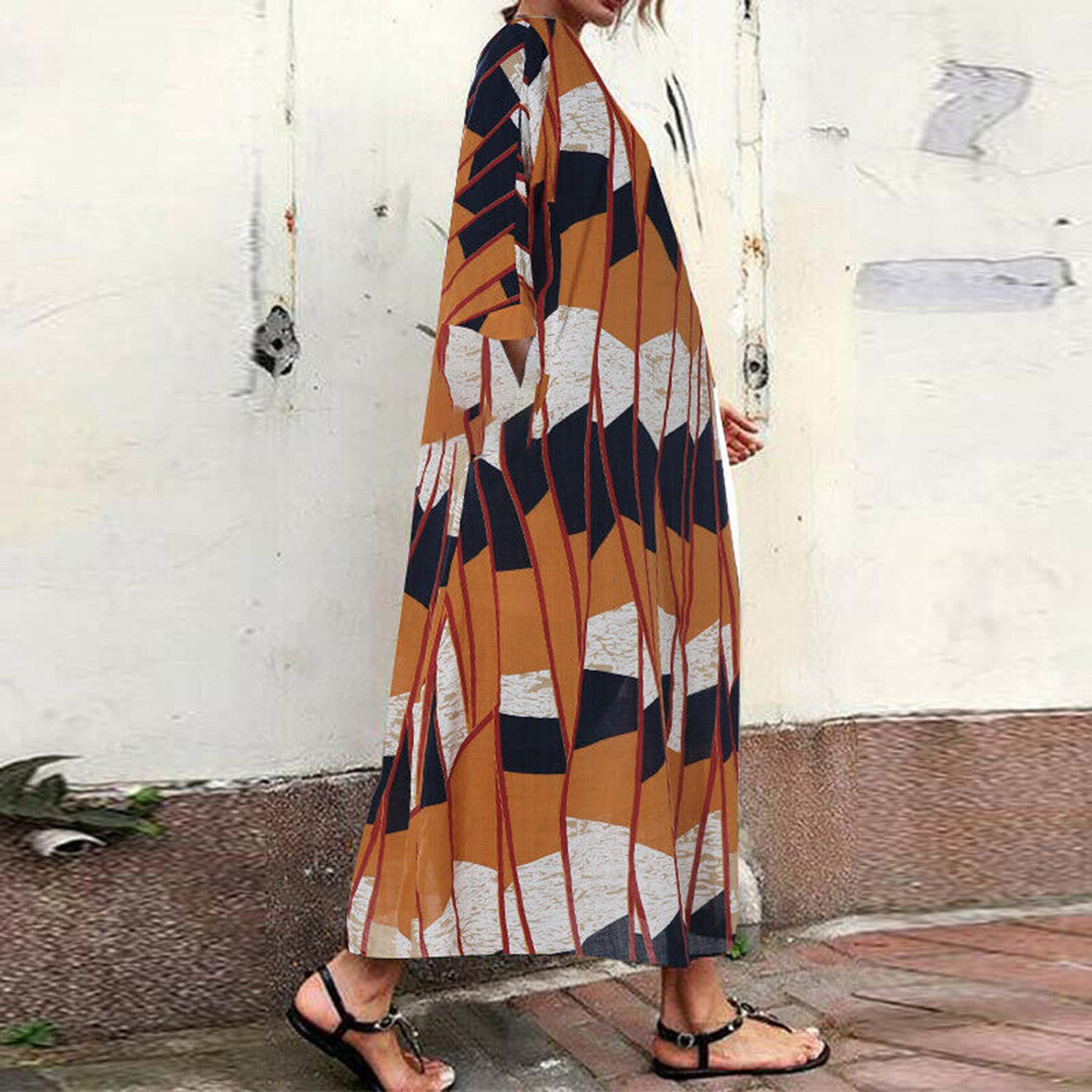 Women's Plus Size Summer Maxi Dress - Casual Loose Fit Cotton Linen Blend Floral Print Long Dress (Yellow, XXXL) for Beach Vacation, Outdoor Picnic & Boho Style Fashion