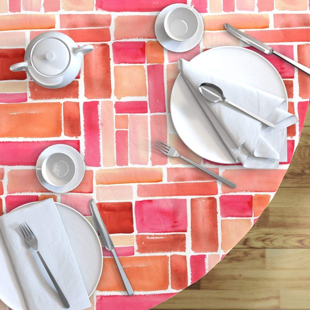 Custom Texas Midcentury Modern Squares Coral Watercolor Pink Abstract Geometric Print Cotton Sateen Tablecloth - 90