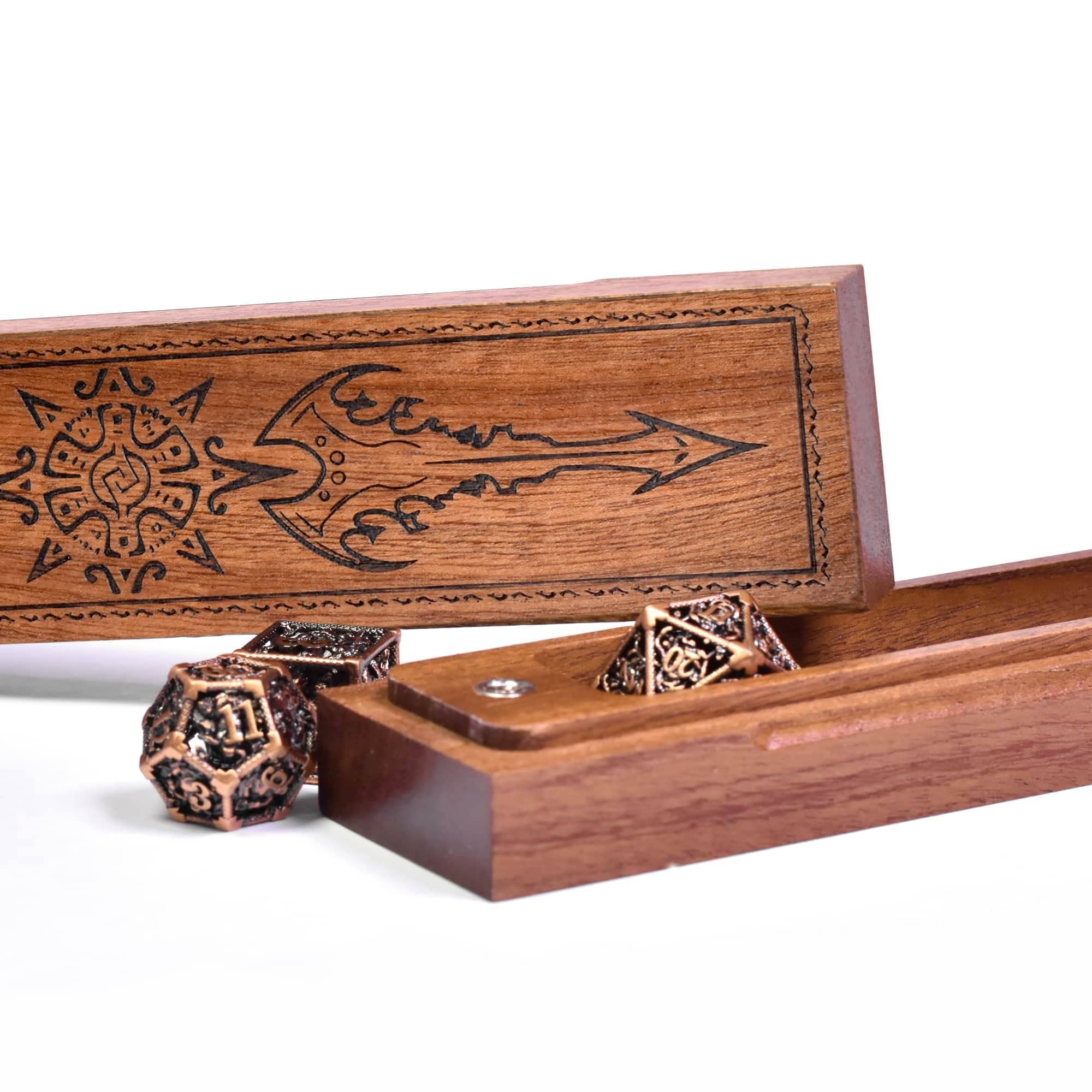 Acacia Wood DND Dice Box with Magnetic Lid & Felt Lining - Premium Dice Holder Case for D&D, Pathfinder & Tabletop RPG Games - Perfect for Game Nights, Travel & Storage (Sword of Damocles-Black)