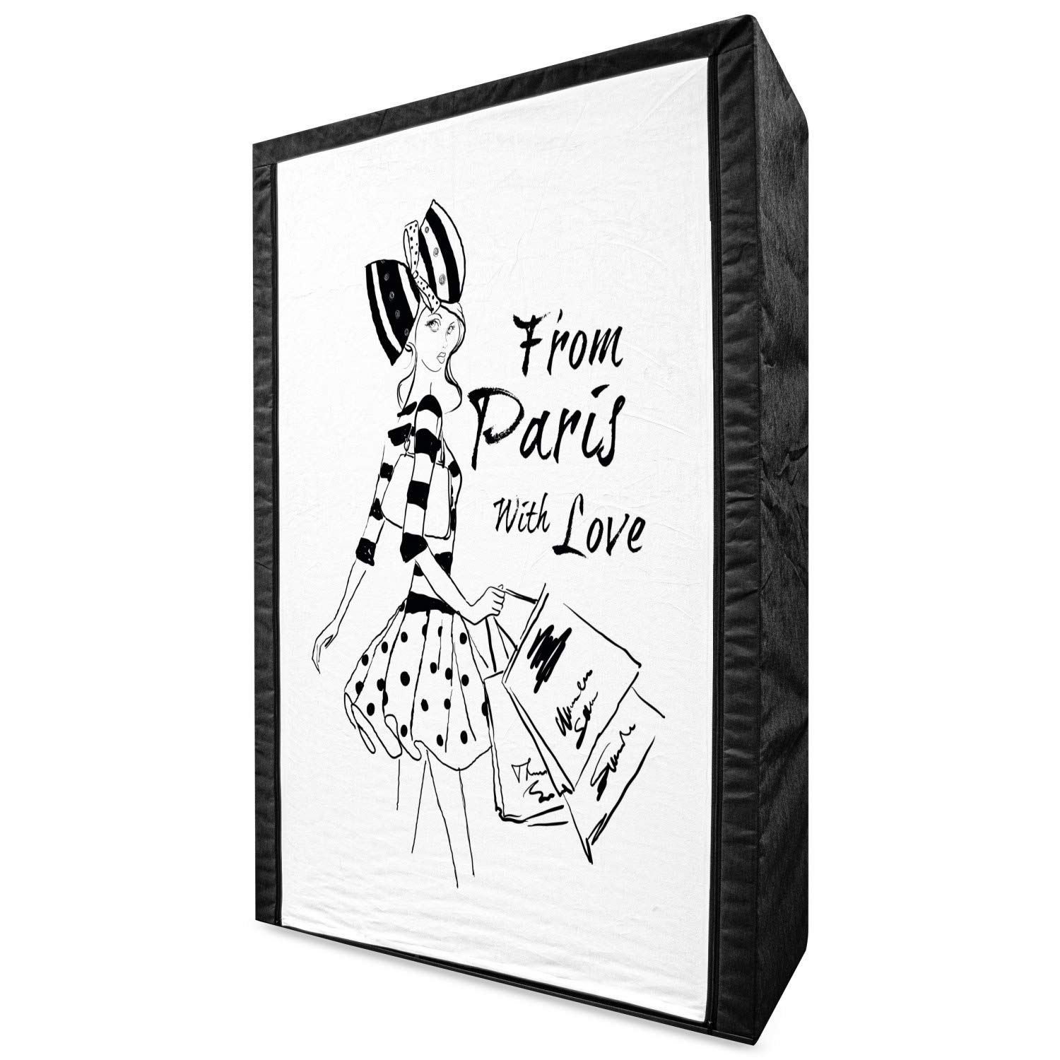 Ambesonne Paris Fabric Wardrobe - Portable Clothing Organizer with Shelves, Hand Drawn Fashion Girl Shopping Polka Dot Design, 42.5 Inch Black & White - Perfect for Bedroom Closet Storage, Dorm Room Organization, and Travel Garment Storage