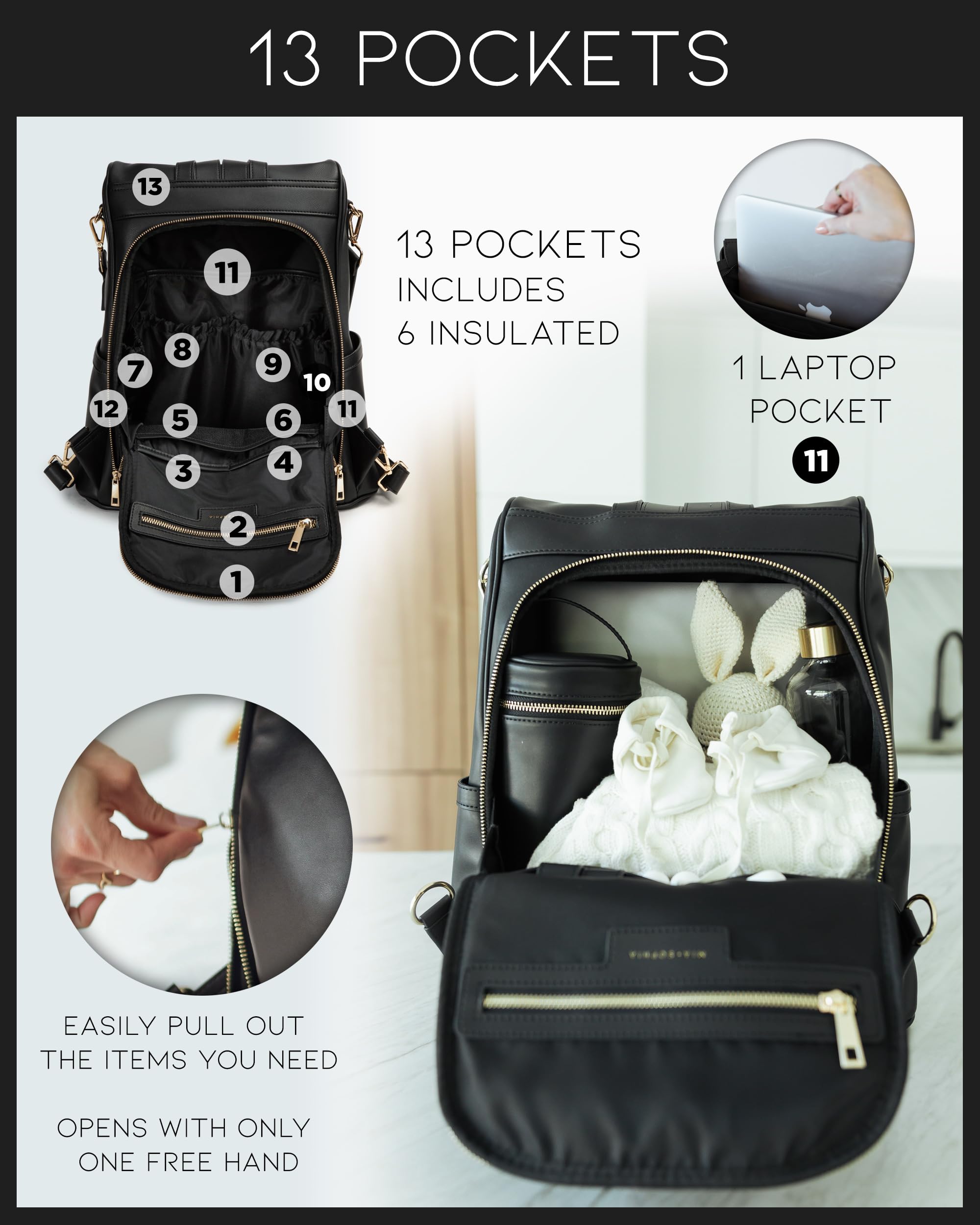 Premium Leather Diaper Bag Backpack with USB Charging Port, Insulated Bottle Pockets & Stroller Straps - Large Travel Baby Changing Bag with Removable Pad (Black) - Perfect for New Parents, Daycare & Family Outings