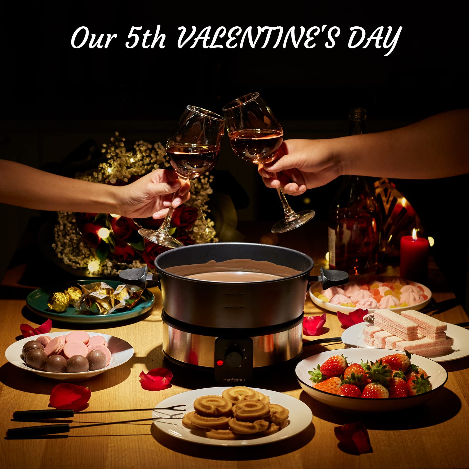 Premium Stainless Steel Fondue Pot Set with Temperature Control - 2-Quart Non-Stick Electric Fondue Maker with 6 Forks, 6 Cups & Stand - Perfect for Chocolate, Cheese, Caramel & Marshmallows - Ideal for Valentine's Day, Parties & Family Gatherings