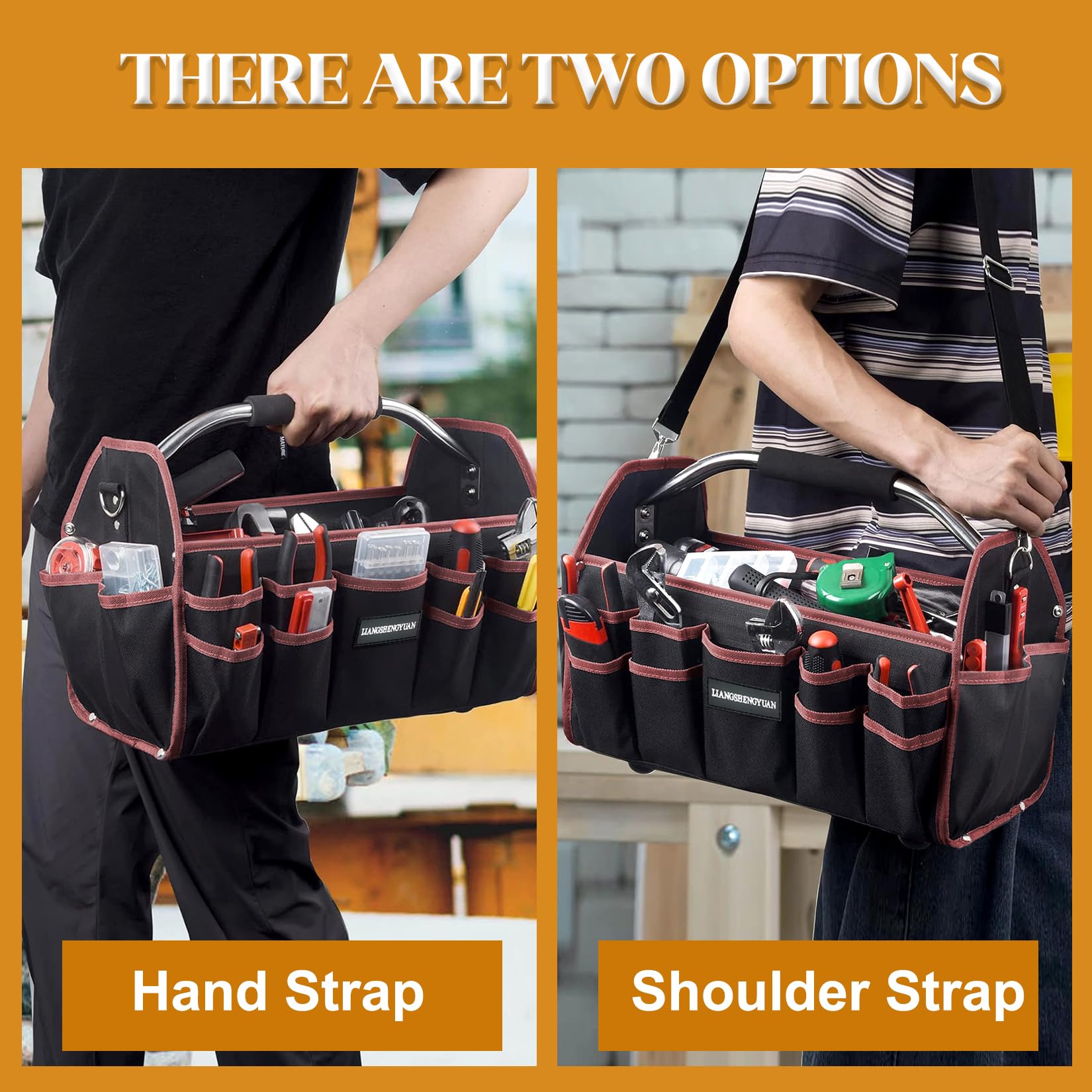 16-Inch Heavy Duty Open Top Tool Tote Bag with 30 Pockets - Waterproof Electrician Tool Carrier for Men - Foldable Wide Mouth Design with Stainless Steel Handle & Removable Shoulder Strap - Perfect for Construction, HVAC Work and DIY Home Improvement Projects