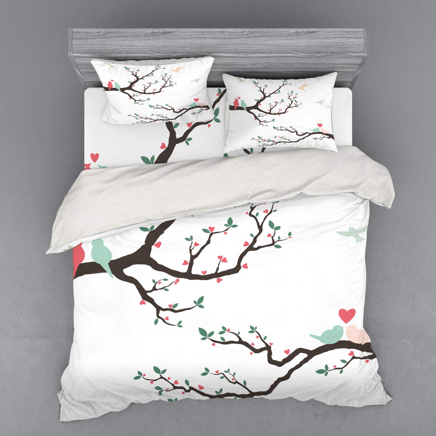 Ambesonne Love Duvet Cover Set - Retro Birds on Tree Branch Design, 4-Piece King Size Bedding Set with Shams & Fitted Sheet in Green, Pink & Brown - Perfect for Romantic Bedrooms, Anniversary Gifts & Vintage Home Decor
