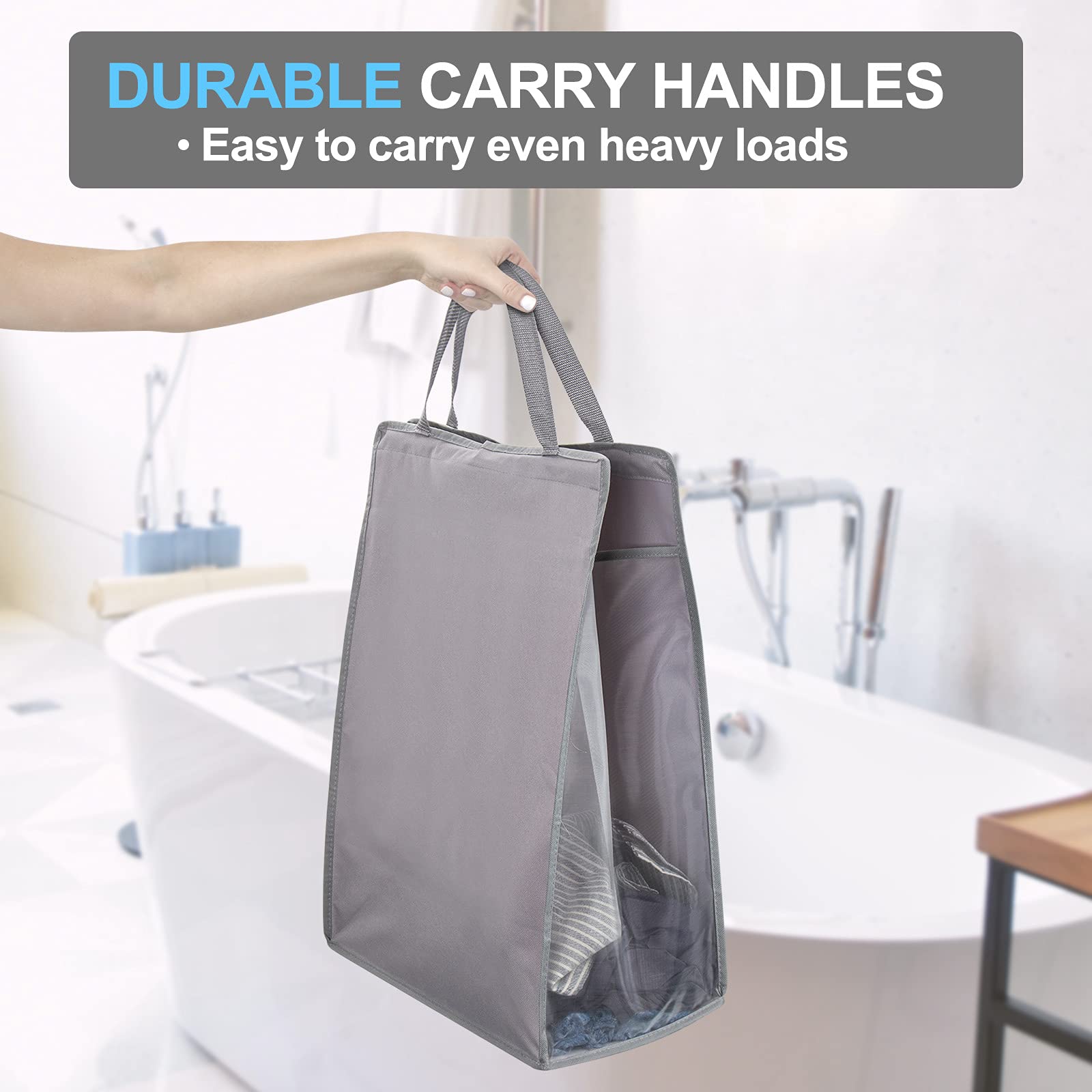 Fentec Hanging Laundry Hamper & Basket - 2 Pack Grey Mesh Heavy Duty Storage Bag with Handles for Closet, Dorm, Travel & Camping - Portable Slim Space Saving Solution