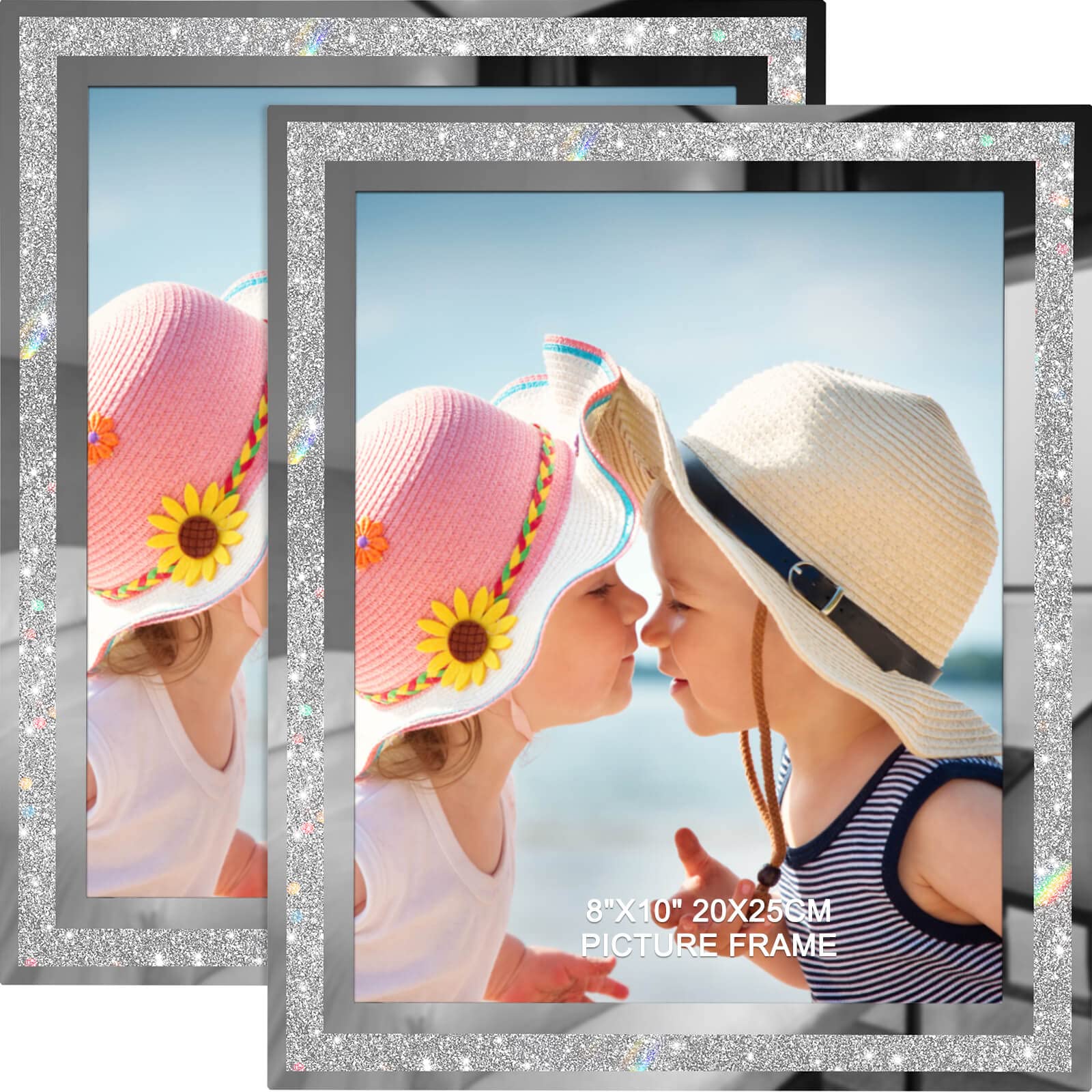 IZIDDO 8x10 Glitter Photo Frames Set of 2 - Silver Glass Tabletop Display for Graduation Gifts & Home Decor