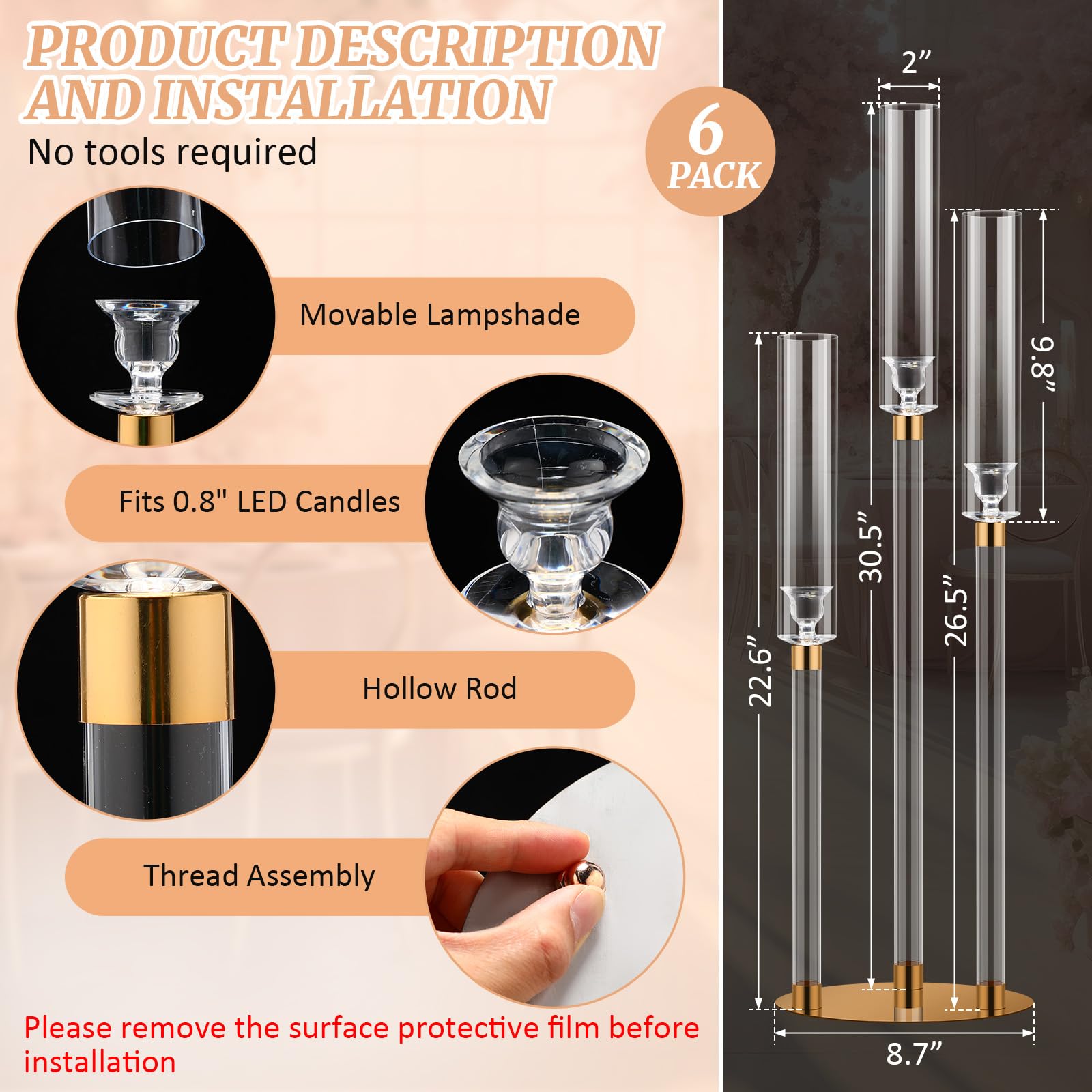Layhit 6-Pack 30.5'' Tall Clear Acrylic Candelabra Centerpieces - Gold 3-Arm Crystal Candle Holders with Clear Lampshade for Wedding, Party & Home Decor - Fits 0.8