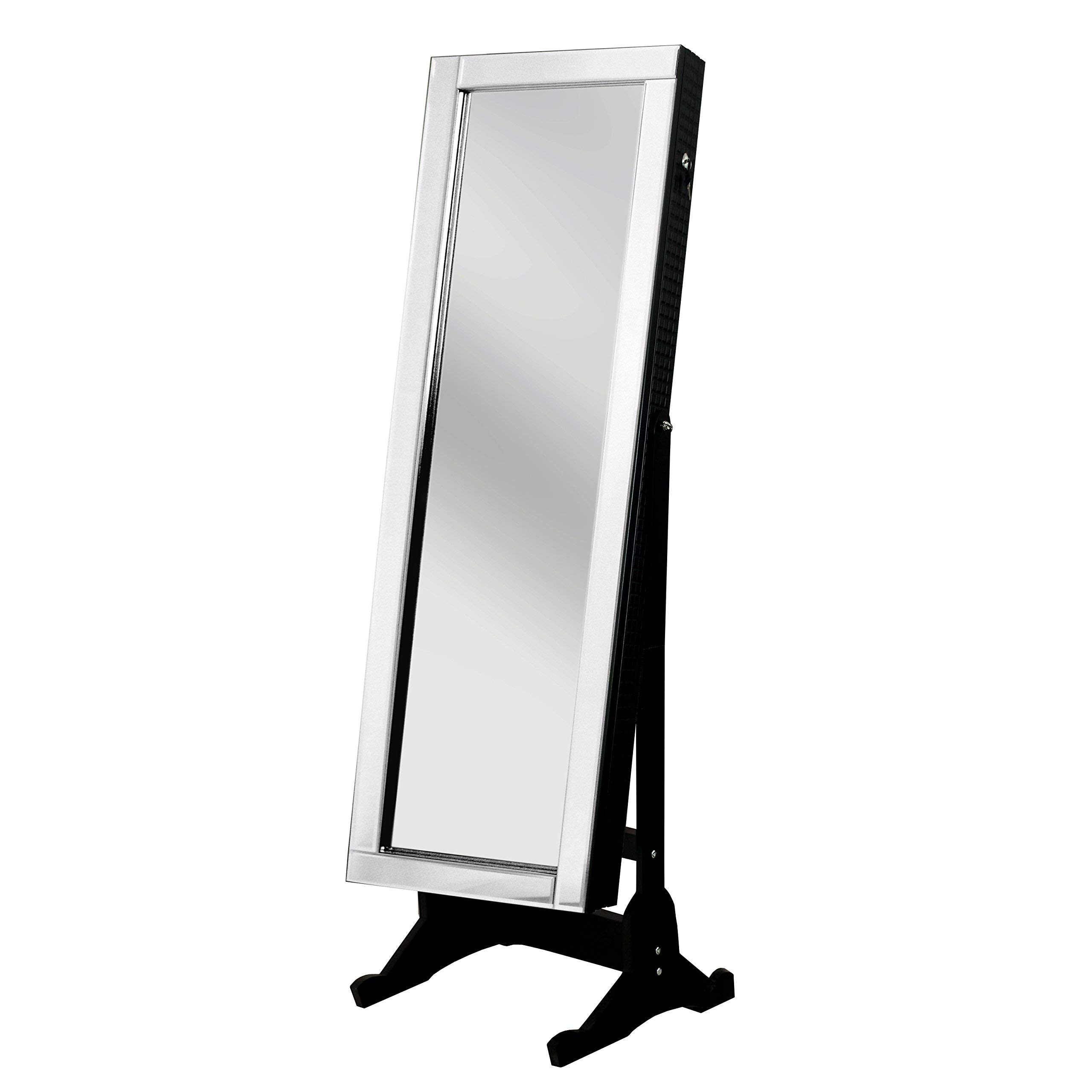 Glam Contemporary Elegant Black Mirror-Border Cheval Mirror Jewelry Armoire - Full-Length Standing Dressing Mirror with Jewelry Storage for Bedroom, Closet & Vanity