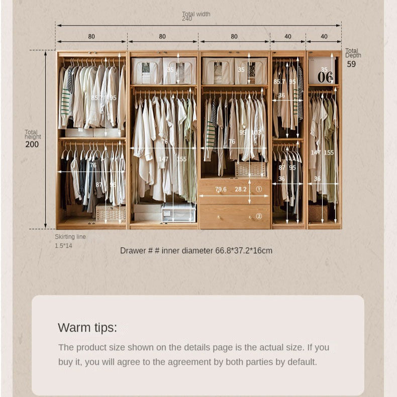 Solid Oak Wood Modern Wardrobe - Customizable Closet Organizer for Bedroom, Walk-in Closet & Home Storage