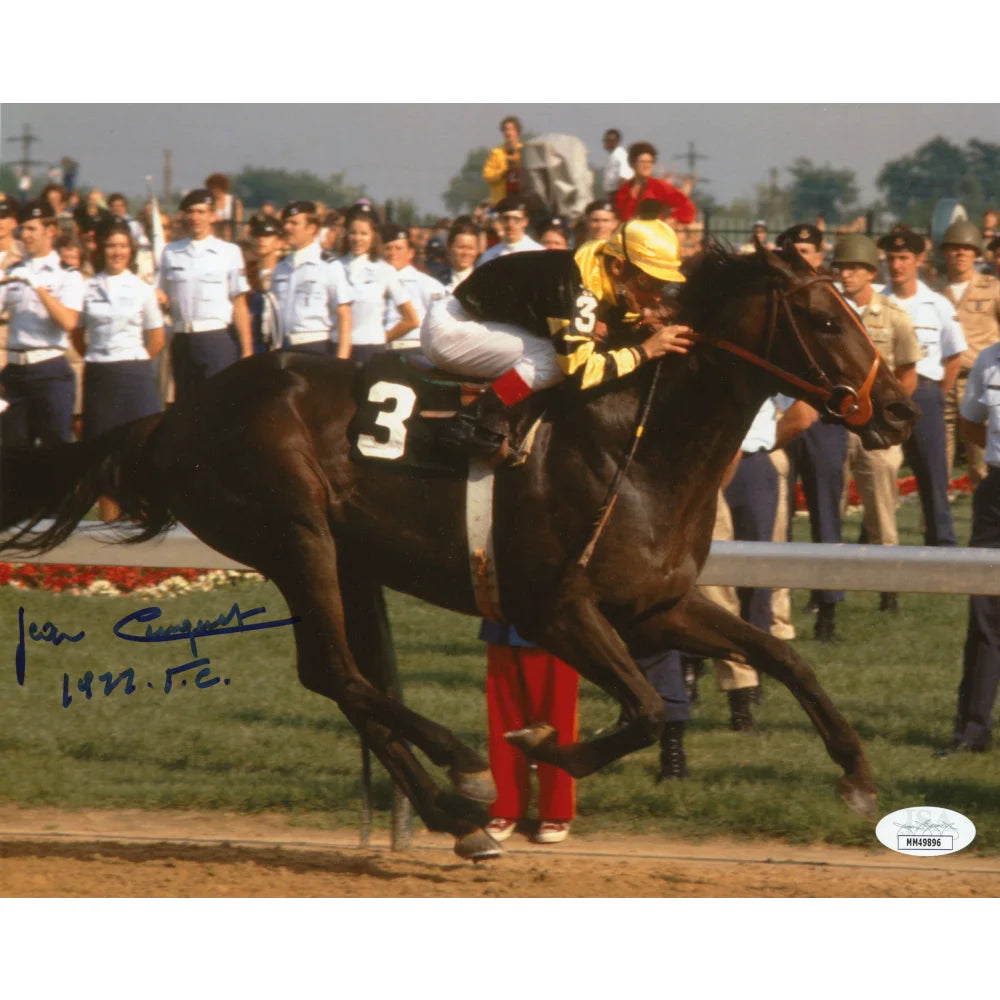 Authentic Jean Cruguet Signed 8x10 Photo with JSA COA - Seattle Slew 1977 Triple Crown Winning Jockey Autograph - Perfect for Sports Memorabilia Collectors & Horse Racing Fans Display