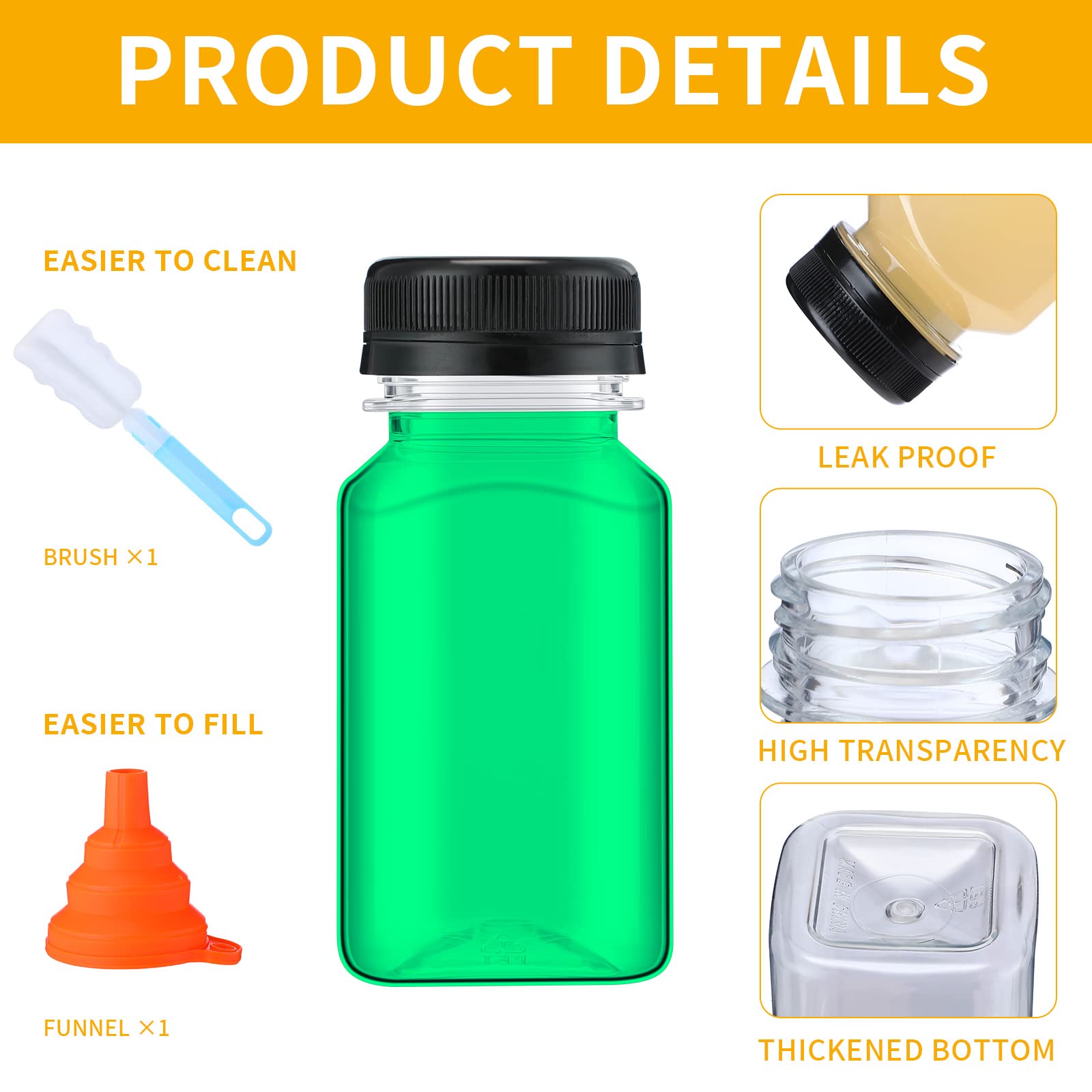 36 Pack 5 oz Plastic Juice Bottles with Lids - Reusable Clear Drink Containers for Juicing, Milk, Water & Beverages | Includes Funnel & Cleaning Brush (Black Caps) - Perfect for Home, Cafes & Meal Prep