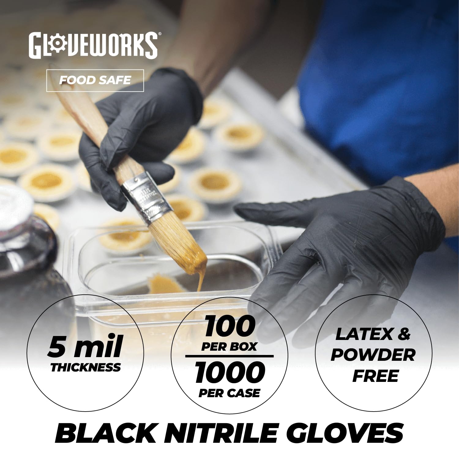 GLOVEWORKS Black Disposable Nitrile Industrial Gloves - 5 Mil Thick, Latex-Free & Powder-Free, Food Safe, Textured Grip - Ideal for Food Handling, Medical Use, Cleaning & DIY Projects
