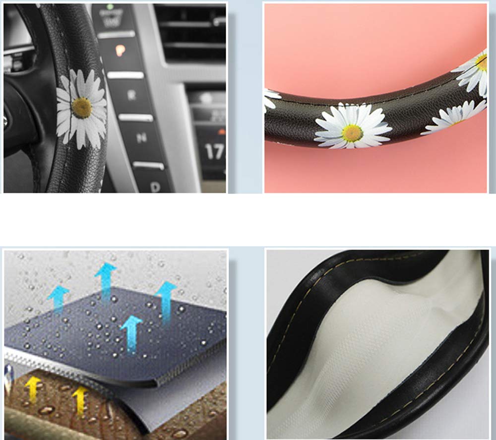 Premium Leather Floral Steering Wheel Cover - Universal Fit 36-38cm, Anti-Slip Car Accessory for Women | Fashionable Black & White Design | Perfect for Daily Commute & Road Trips