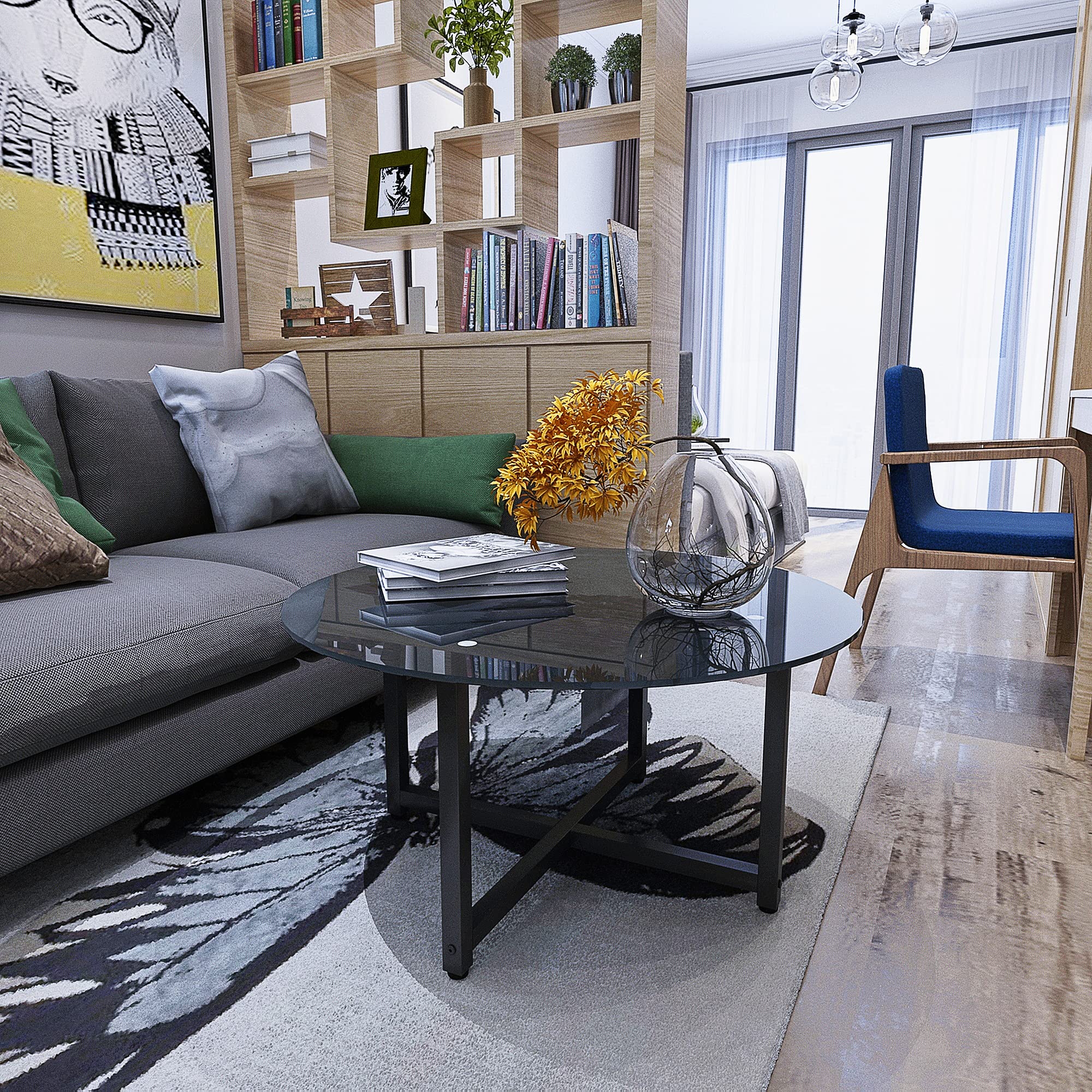 Modern Round Glass Coffee Table with Black Tempered Glass Top & Metal Legs - Stylish Center Table for Living Room, Office & Lounge Areas - Perfect for Home Decor, Entertaining Guests & Workspace Accent