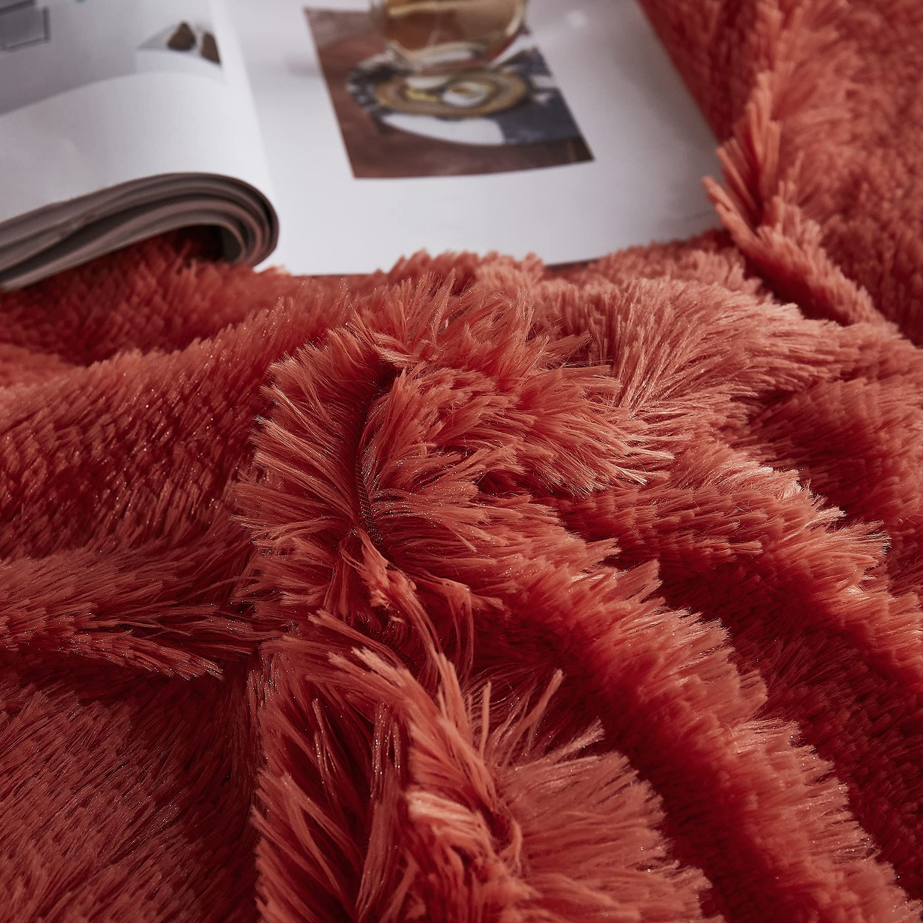 Luxury Ultra Soft Fluffy Faux Fur Duvet Cover Set - Queen Size Plush Shaggy Comforter with 2 Pillow Shams (Orange) | Cozy Bedroom Upgrade for Winter & Home Decor