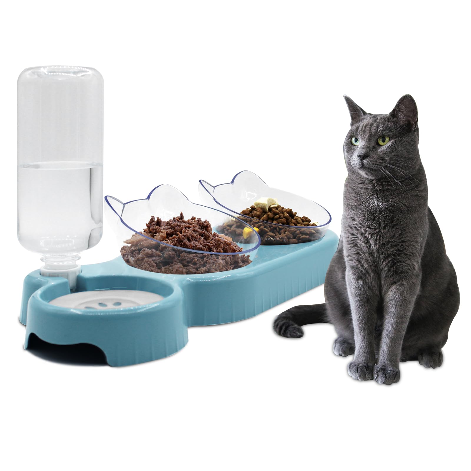 Elevated Triple Cat Bowls Set - 15° Tilted 3-in-1 Food & Water Feeder with Automatic Bottle | Whisker-Friendly Wet/Dry Feeding Dishes for Cats & Small Dogs | Durable Sky Blue Design | Perfect for Home, Kitchen or Travel Use