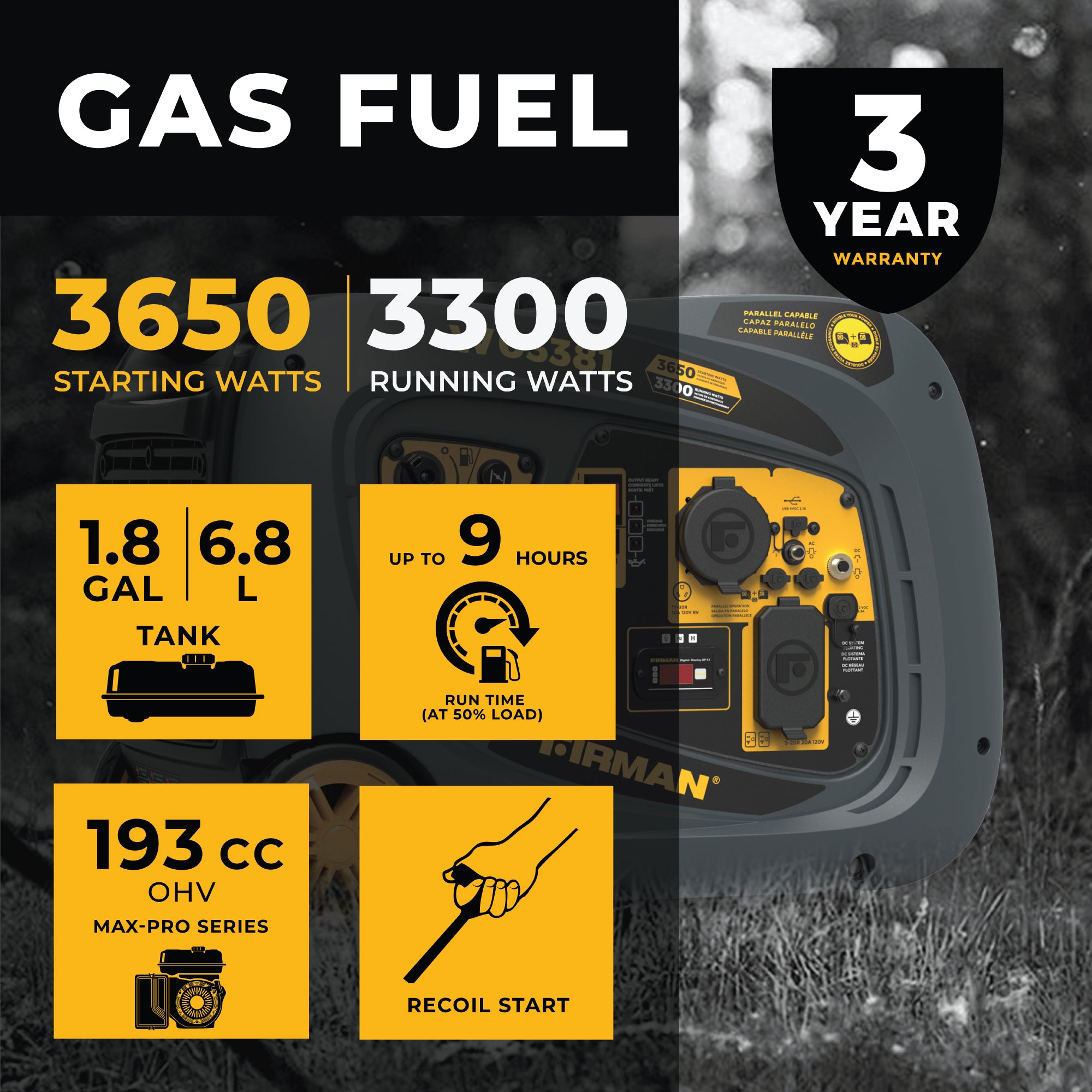 3650W Portable Inverter Generator with Recoil Start - Quiet, Reliable Power for Camping, RV Trips & Emergency Backup