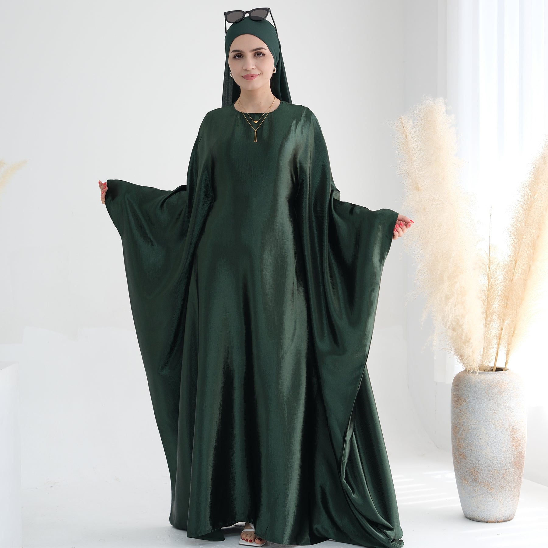 Elegant Alisha Butterfly Satin Abaya Dress for Women - Modest Islamic Prayer Gown - Perfect for Eid, Ramadan, and Special Occasions