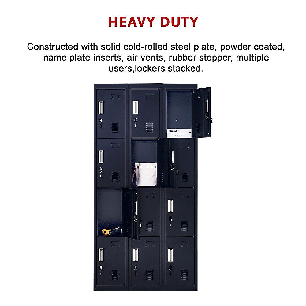 12-Door Locker with Standard Lock & Keys - Heavy Duty Metal Storage Cabinet for Office, Gym, School, Home & Shed - Ideal for Secure Equipment, Personal Belongings & Sports Gear Storage