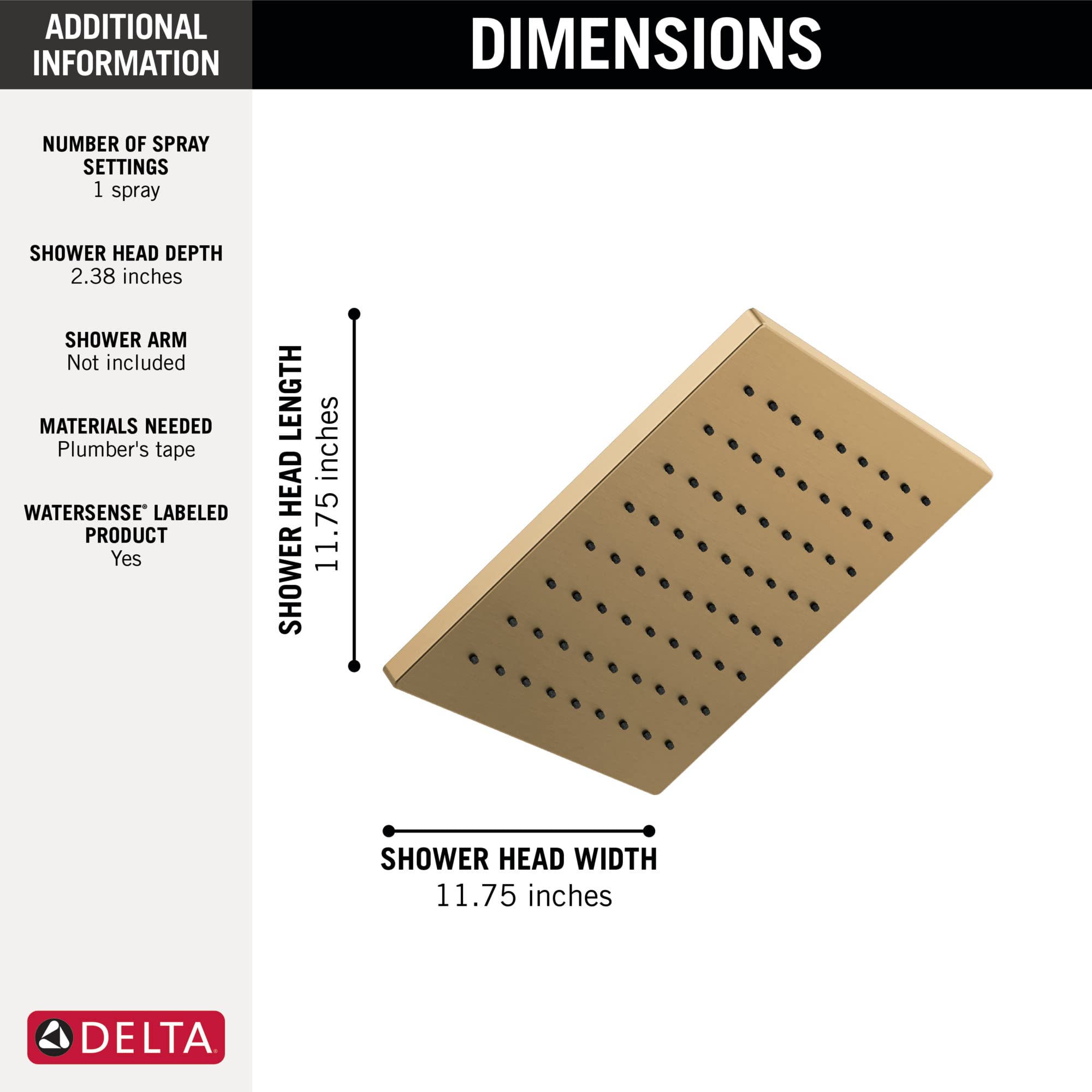 Delta 52159-CZ-PR Lumicoat Champagne Bronze Square Rainfall Shower Head - 1.75 GPM Water Saving Single-Spray Raincan Shower Head for Luxurious Spa-Like Bathroom Experience