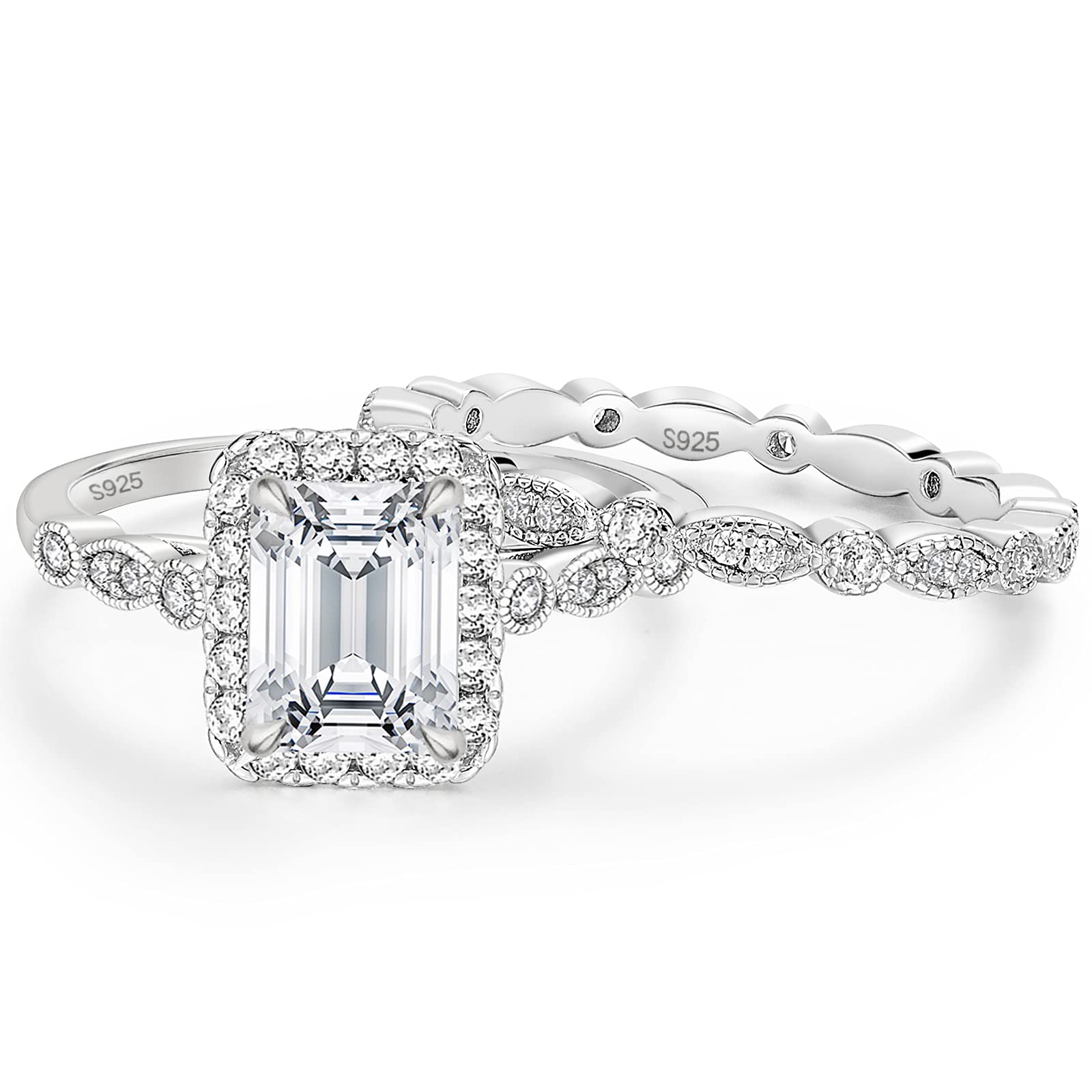 EAMTI 2CT 925 Sterling Silver Bridal Ring Set - Emerald Cut Cubic Zirconia Engagement Ring, Vintage Promise & Marquise Wedding Band for Women (Size 3-12) | Perfect for Bridal Shower, Anniversary Gift & Romantic Proposal