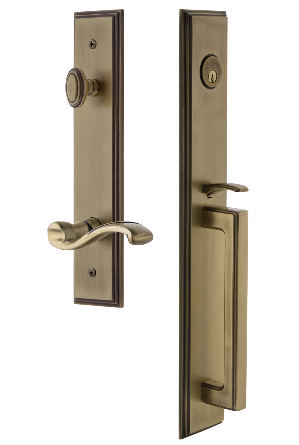 Grandeur 850005 Vintage Brass One-Piece Handleset with D Grip & Portofino Lever - Dummy Entry Door Hardware Set for Classic Home Decor | Perfect for Victorian, Craftsman & Traditional Style Houses