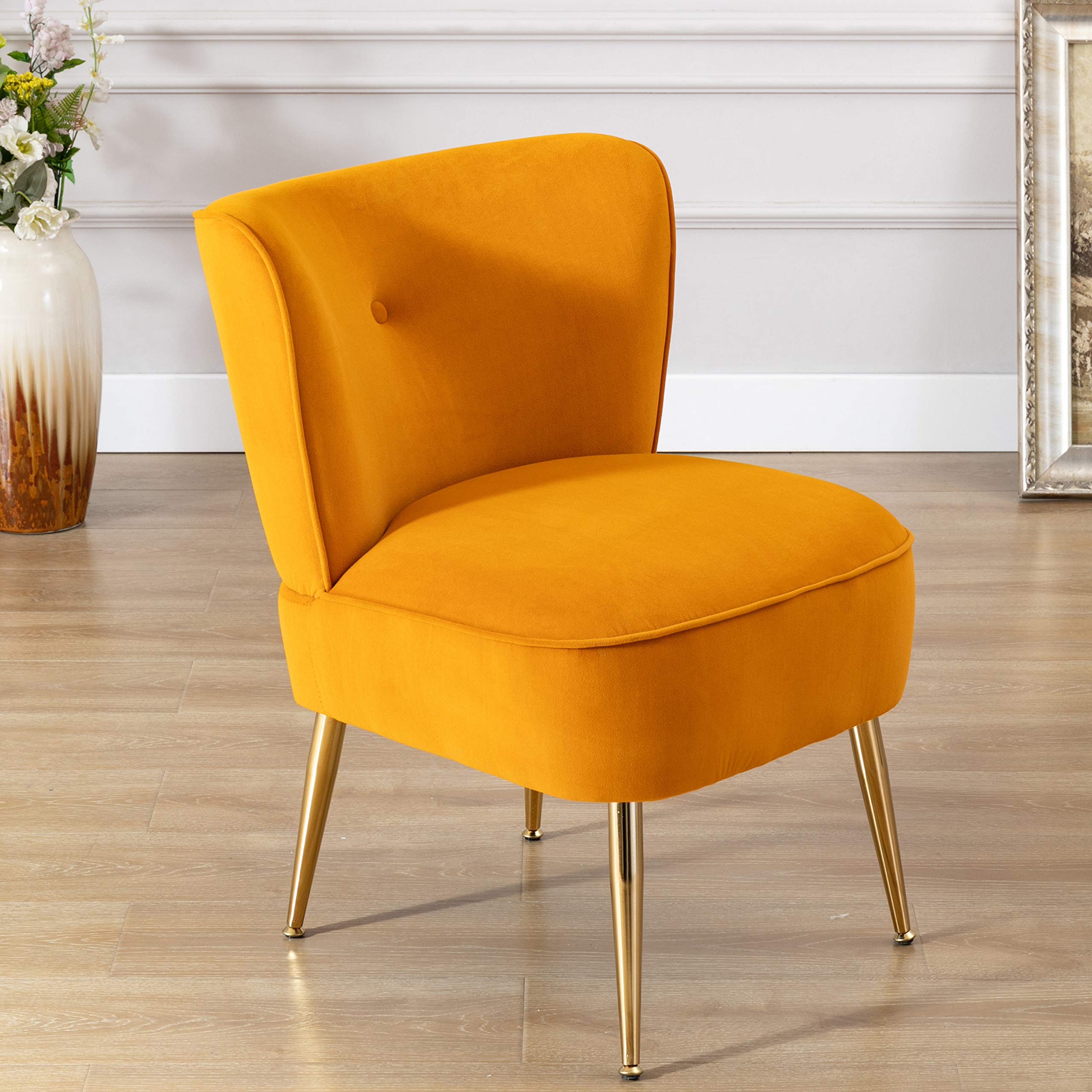 HomVent Velvet Accent Chair - Modern Upholstered Wingback Chair with Golden Metal Legs for Living Room, Bedroom & Vanity | Comfortable Guest Seating & Home Decor (Yellow) - Perfect for Reading Nooks, Lounge Areas & Makeup Stations