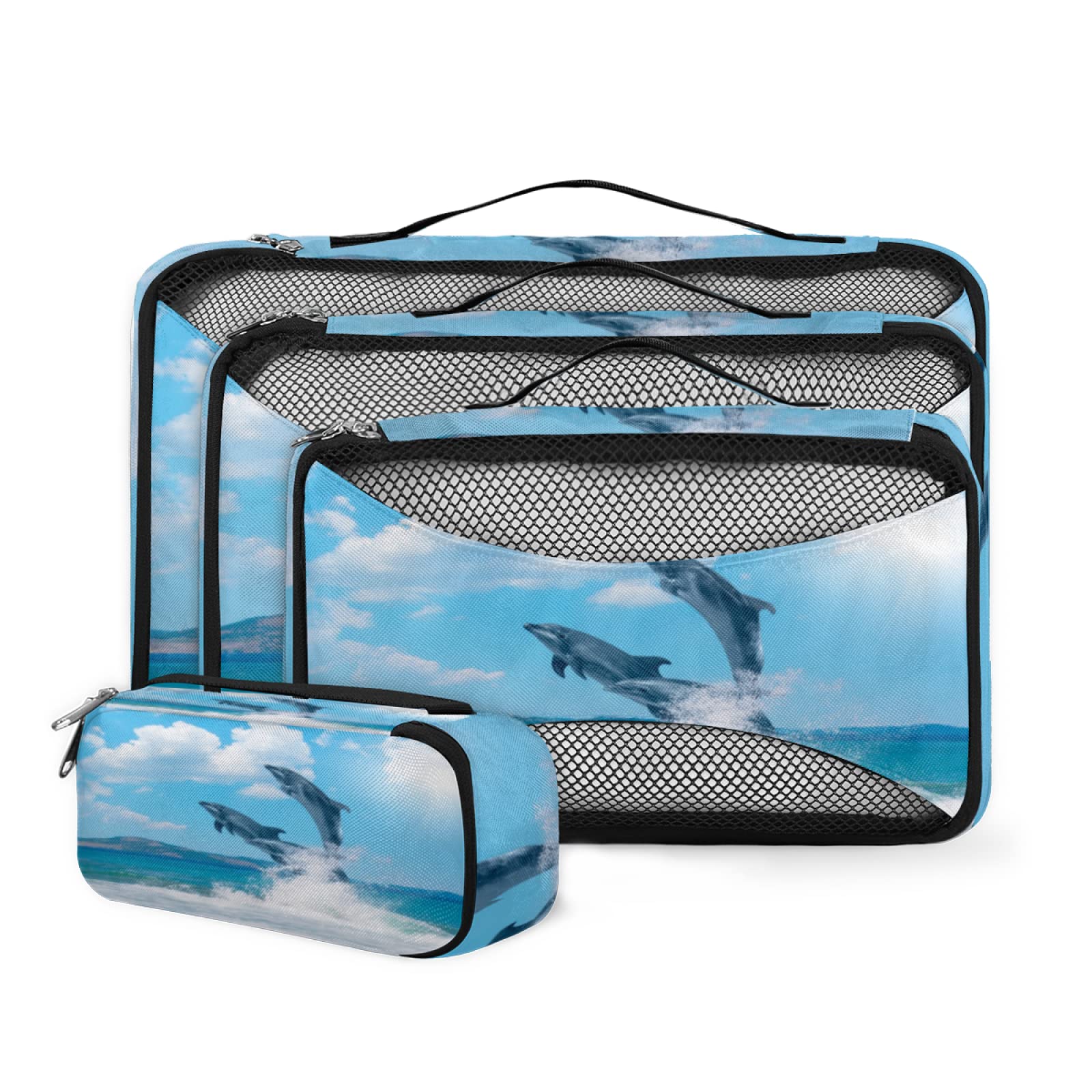 4-Piece Dolphins Jumping Packing Cubes Set - Lightweight & Space-Saving Travel Organizers for Suitcases | Perfect for Vacation, Business Trips & Weekend Getaways