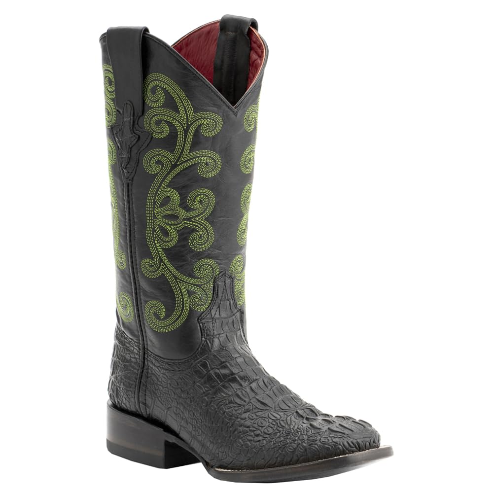 Women's Stampede Crocodile Embroidered Square Toe Dress Boots - Mid Calf Low Heel (1-2